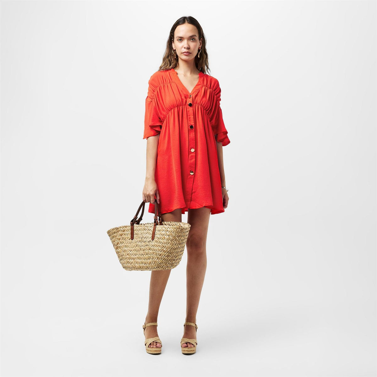 AX Paris Orange Button Up Ruched Detail Smock Dress