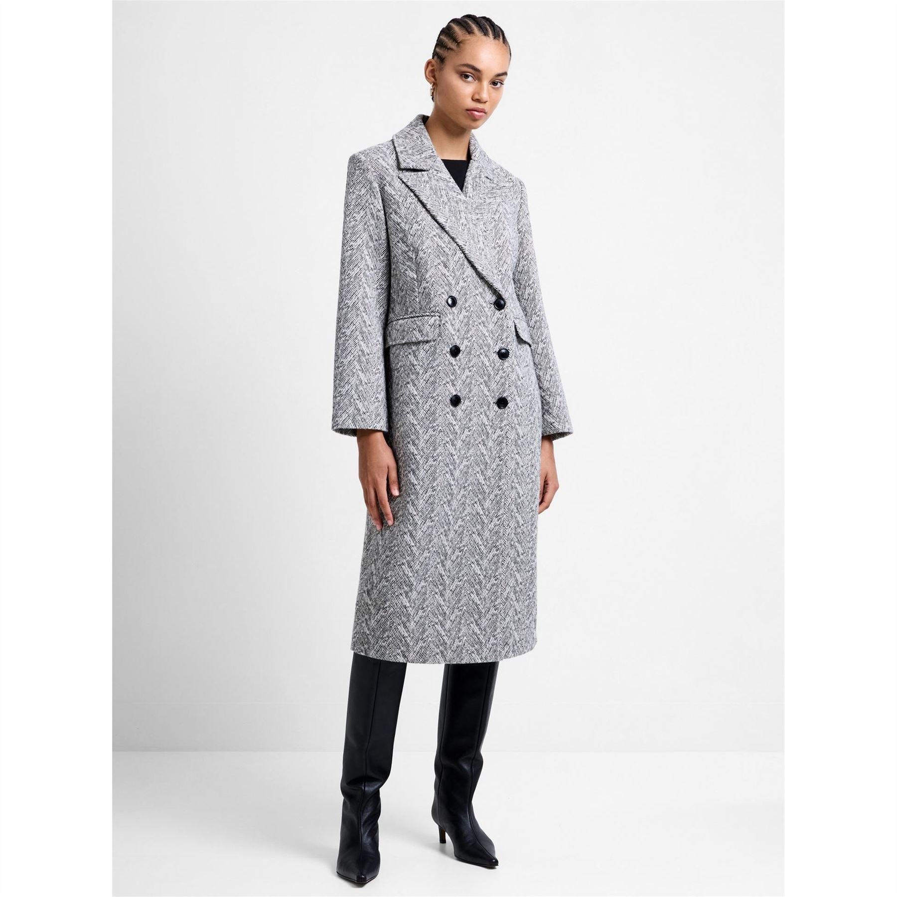 French Connection Lowen Herringbone Patterned Over Coat with Flap Pocket
