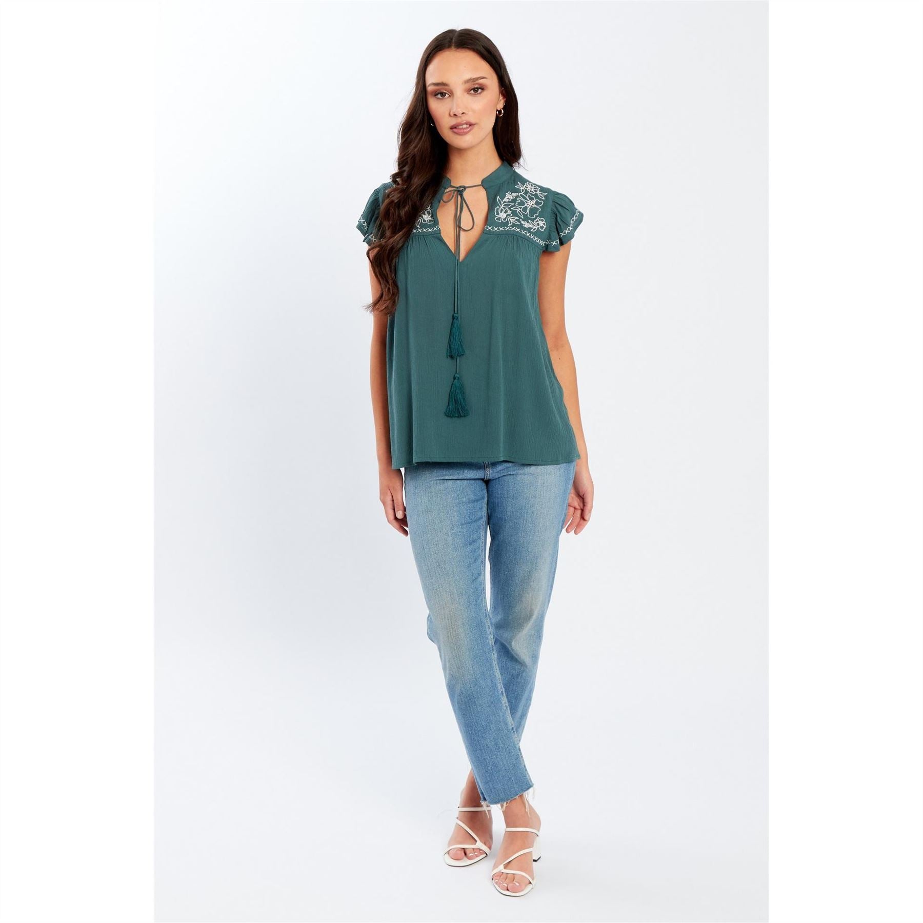 Be You Embroidered Keyhole Neck Relaxed Fit Blouse