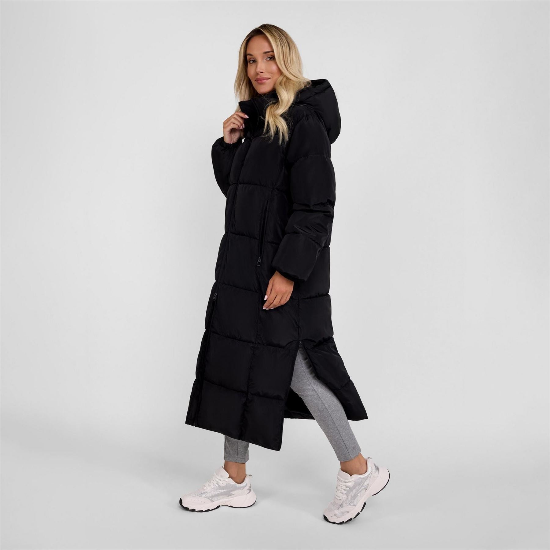 Minoti Women Long Quilted Winter Jacket With Drawstring Hood Black