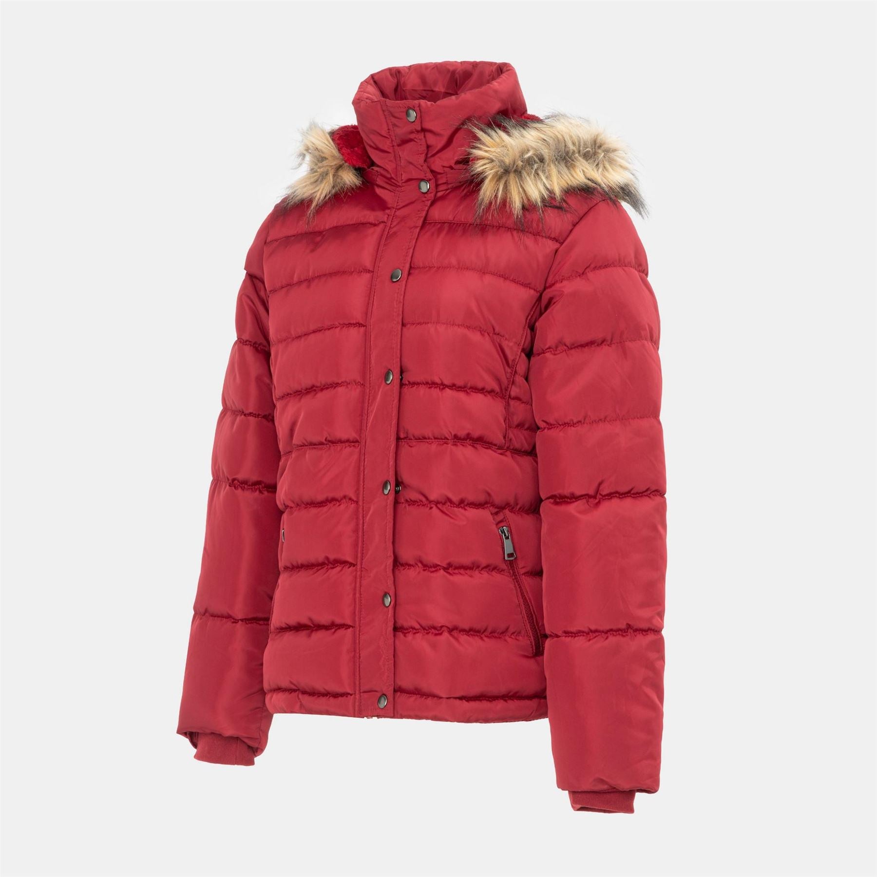 I Saw It First Solid Patterned Hooded Snap Button Fur Trim Ribbed Cuff Parka Jacket
