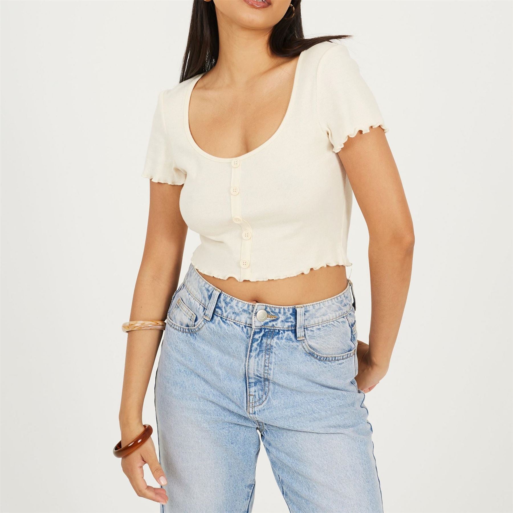 Brave Soul Womens Lettuce Hem Button Through T-Shirt