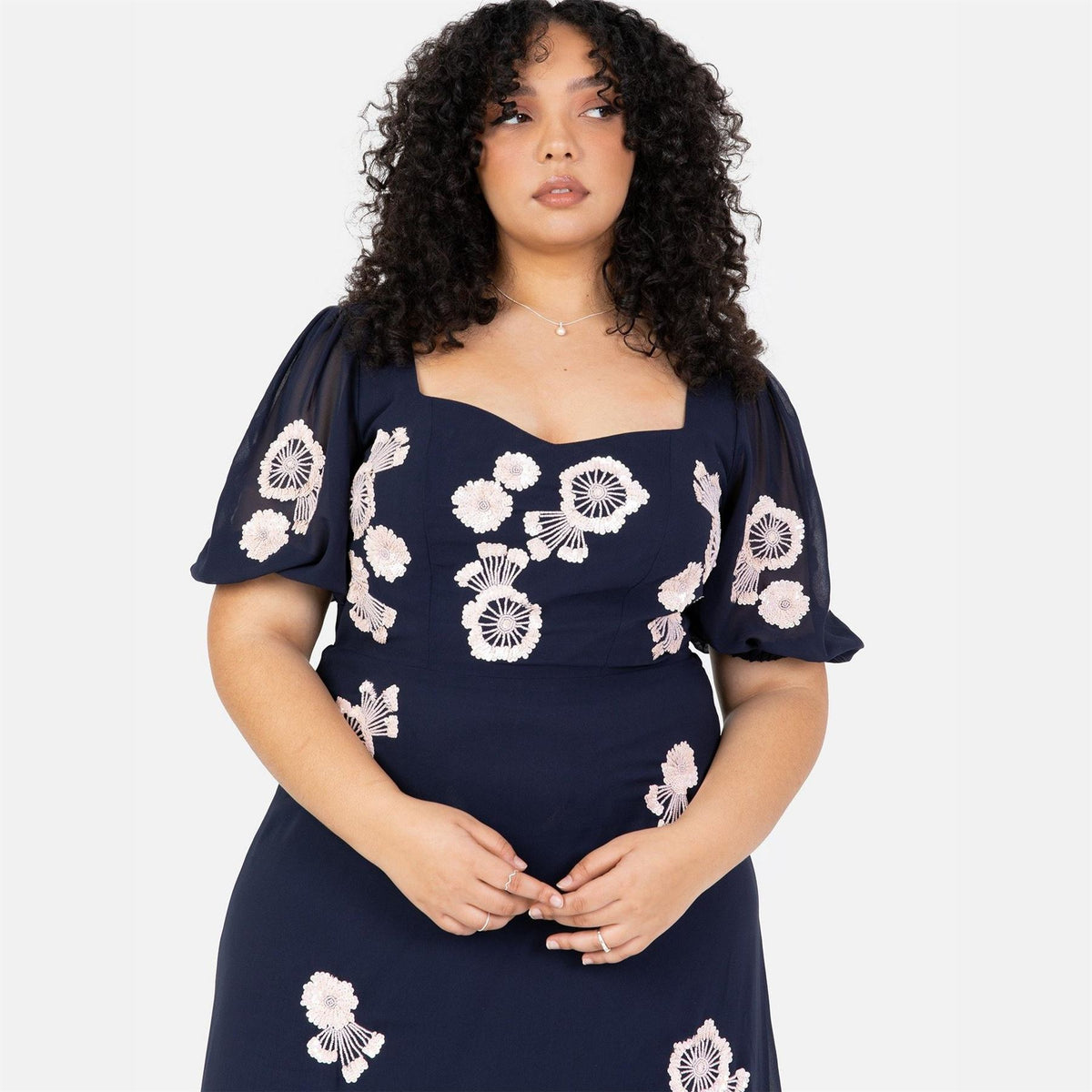 Maya Deluxe Navy Short Sleeve Floral Embellished Maxi Dress