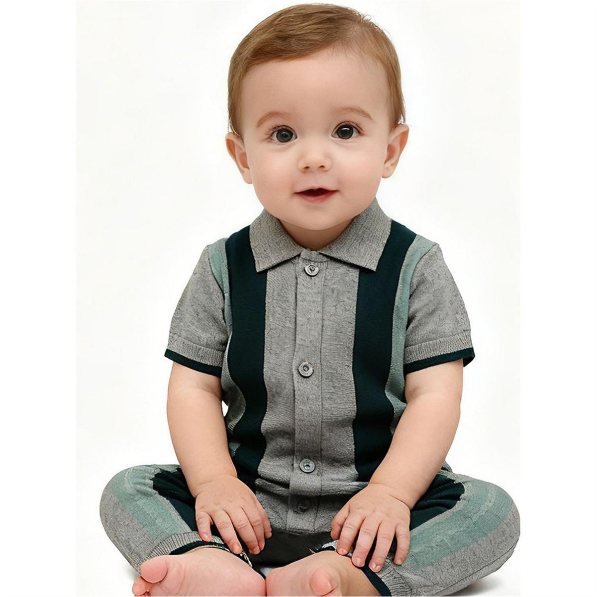 Pretty Green Baby Collared Neck Short Sleeve Vertical Stripe Playsuit