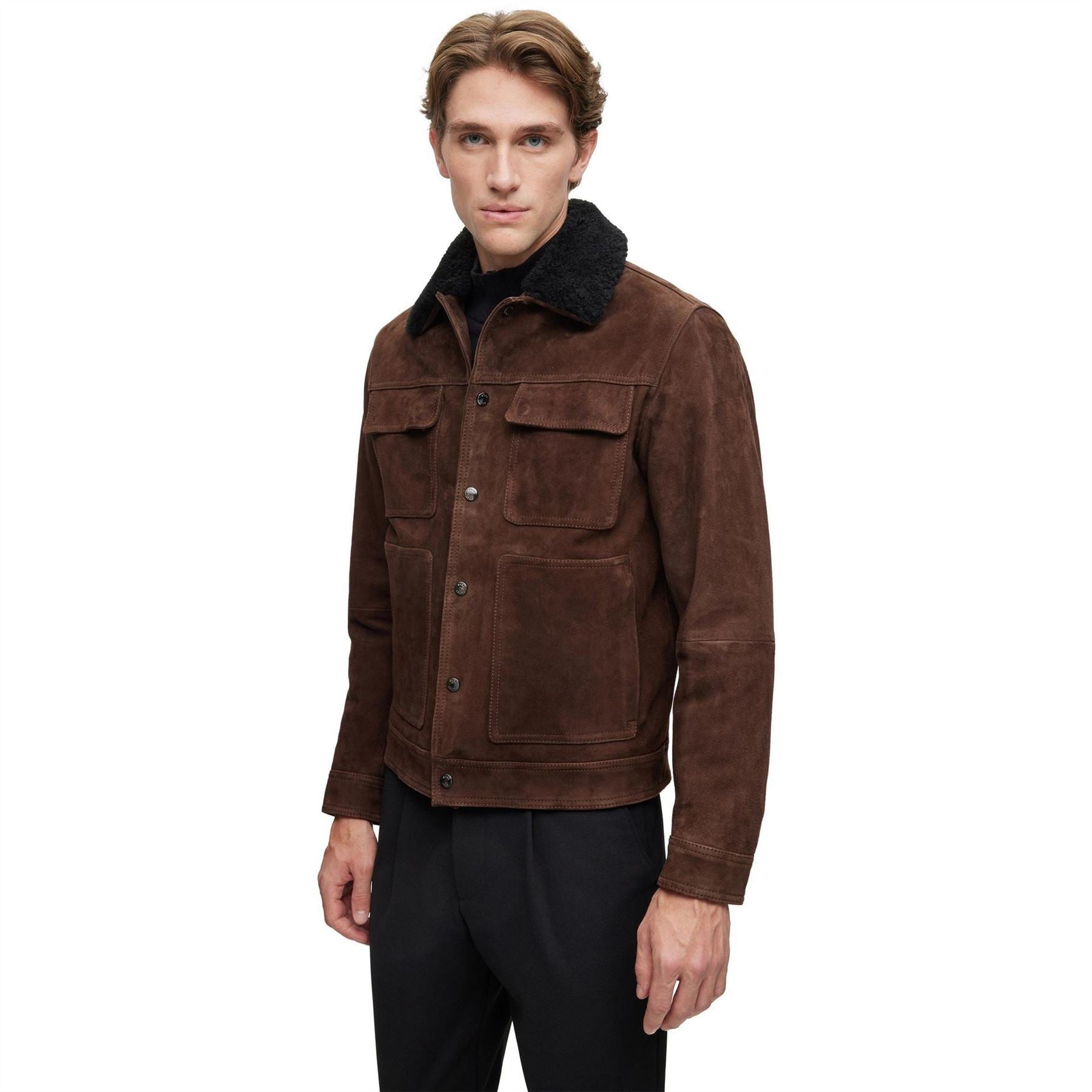 Boss Solid Patterned Sherpa Jacket with  Flap Chest Pocket
