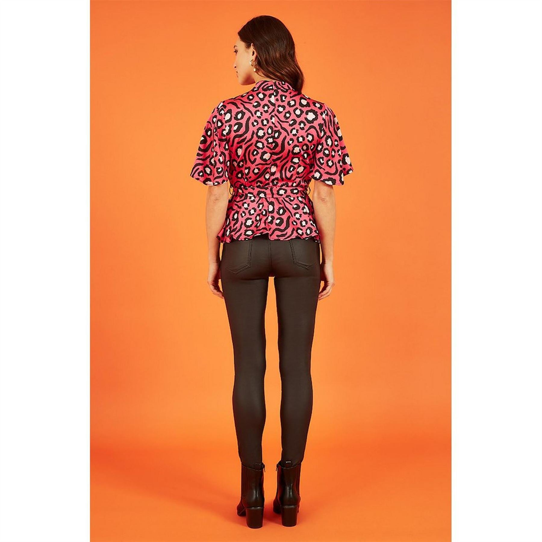 Mela London Pink Animal Print Belted High Neck Short Sleeve Blouse
