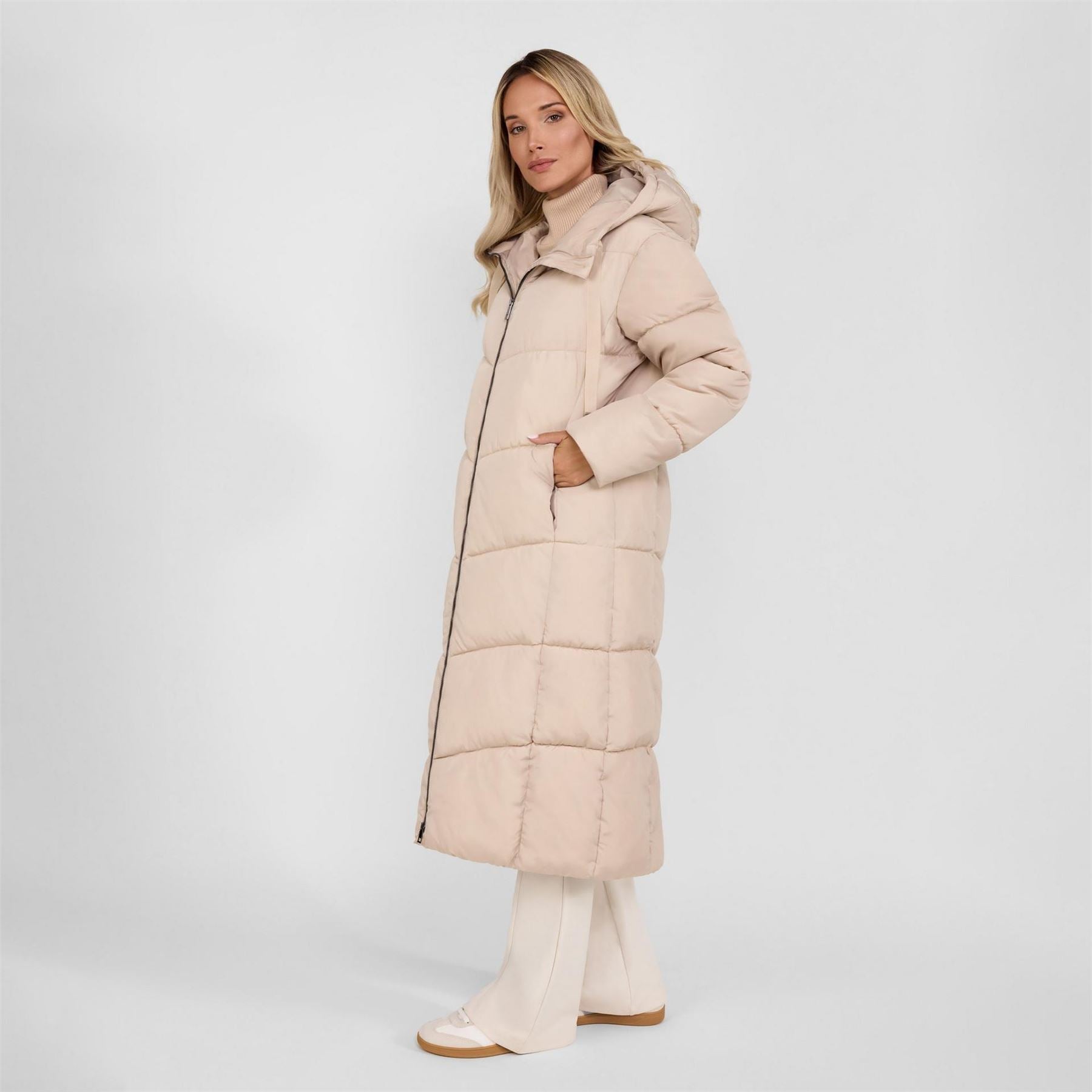 Minoti Women Long Quilted Winter Jacket With Contrast Zip And Drawstring Hood Grey