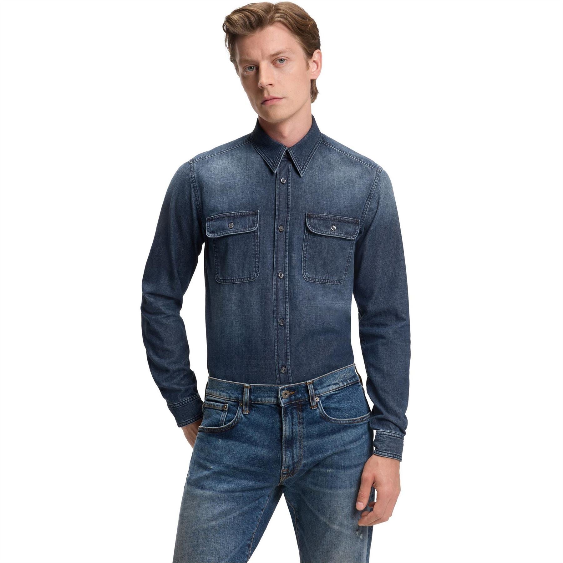 Boss Double Breasted Cotton Long Sleeve Denim Shirt