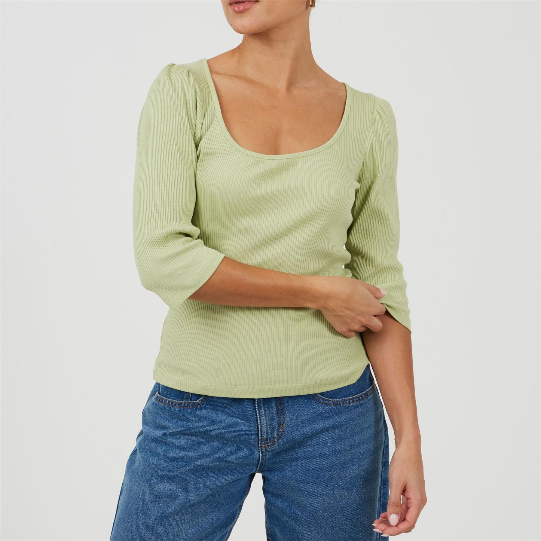 Brave Soul Square Neck Puff Sleeve Three Quarter T-Shirt