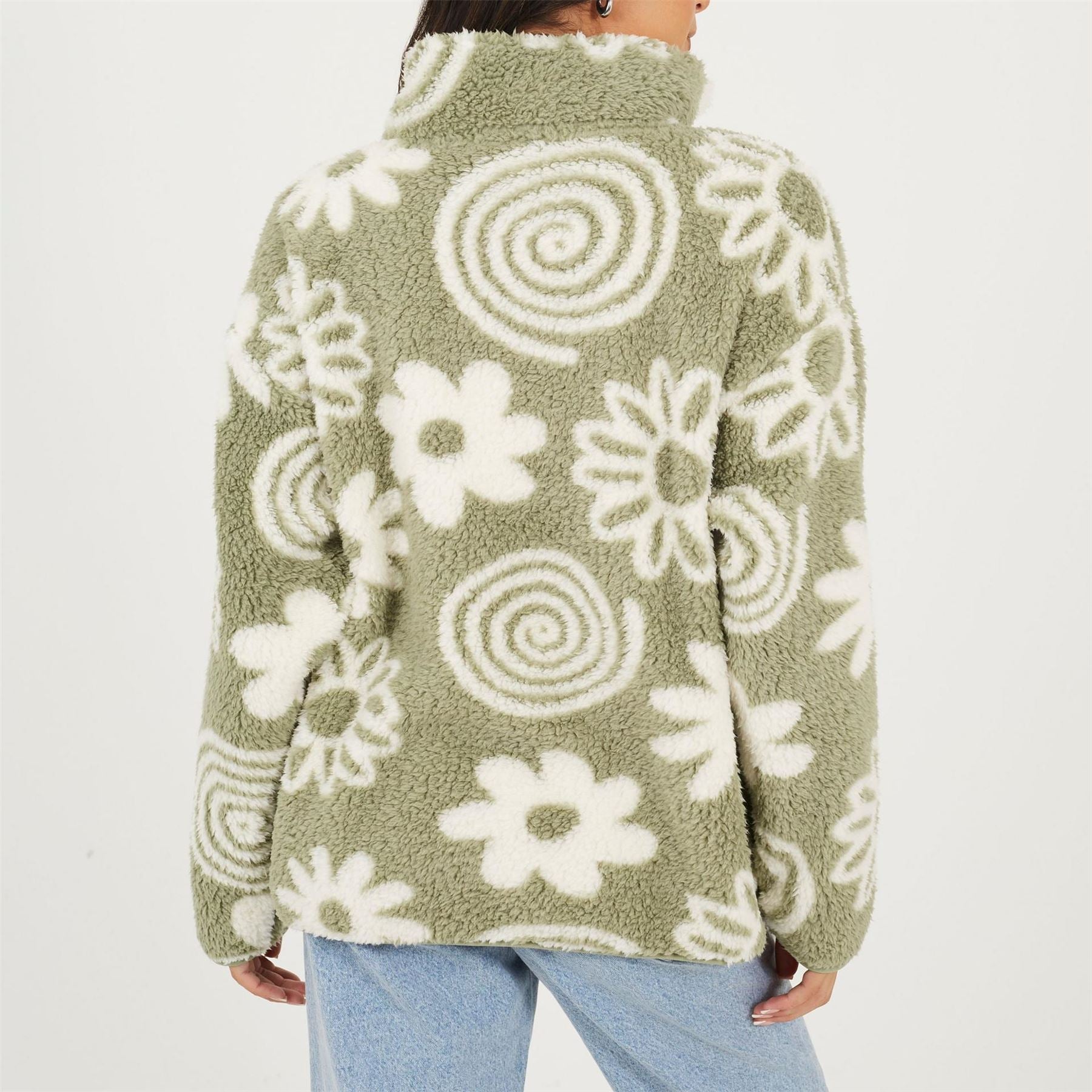 Brave Soul Flower Print High Neck Fleece Sweatshirt