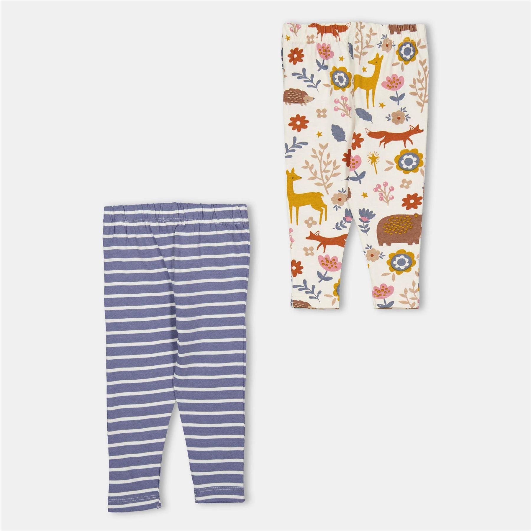 Lilly and Sid  And  Sid Multicoloured Animal Forest And Stripe Print Leggings   2 Pack