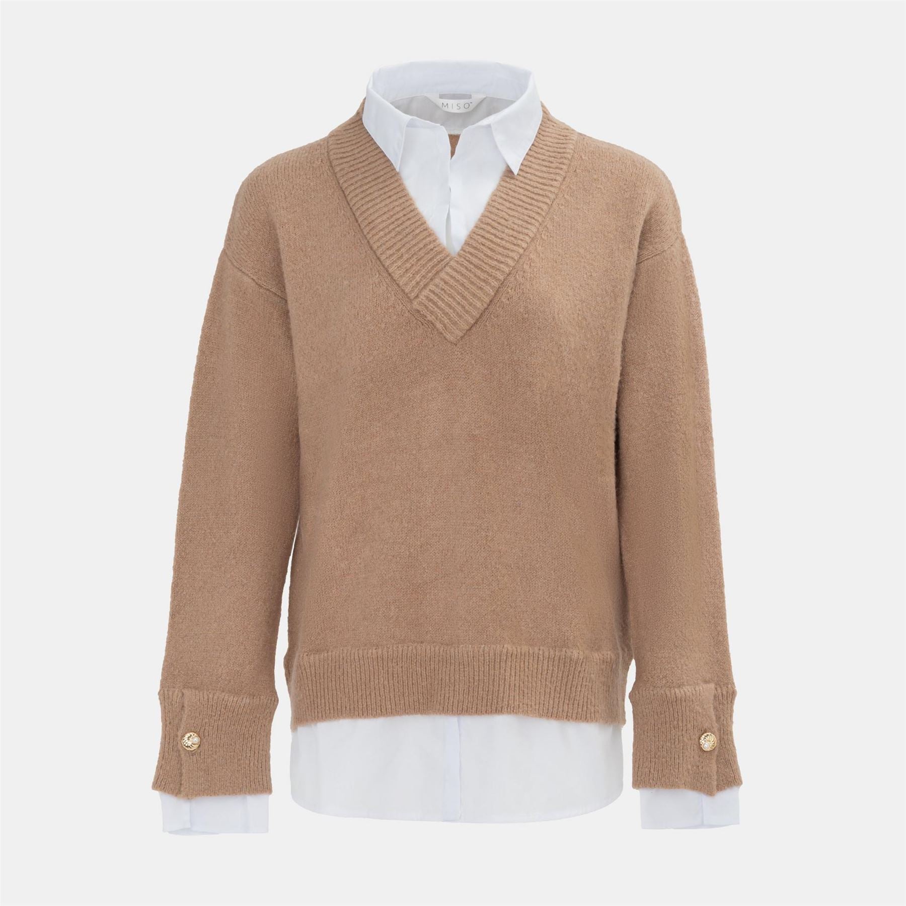 Miso Womens V Neck Shirt Collar Fake Two Piece Jumper