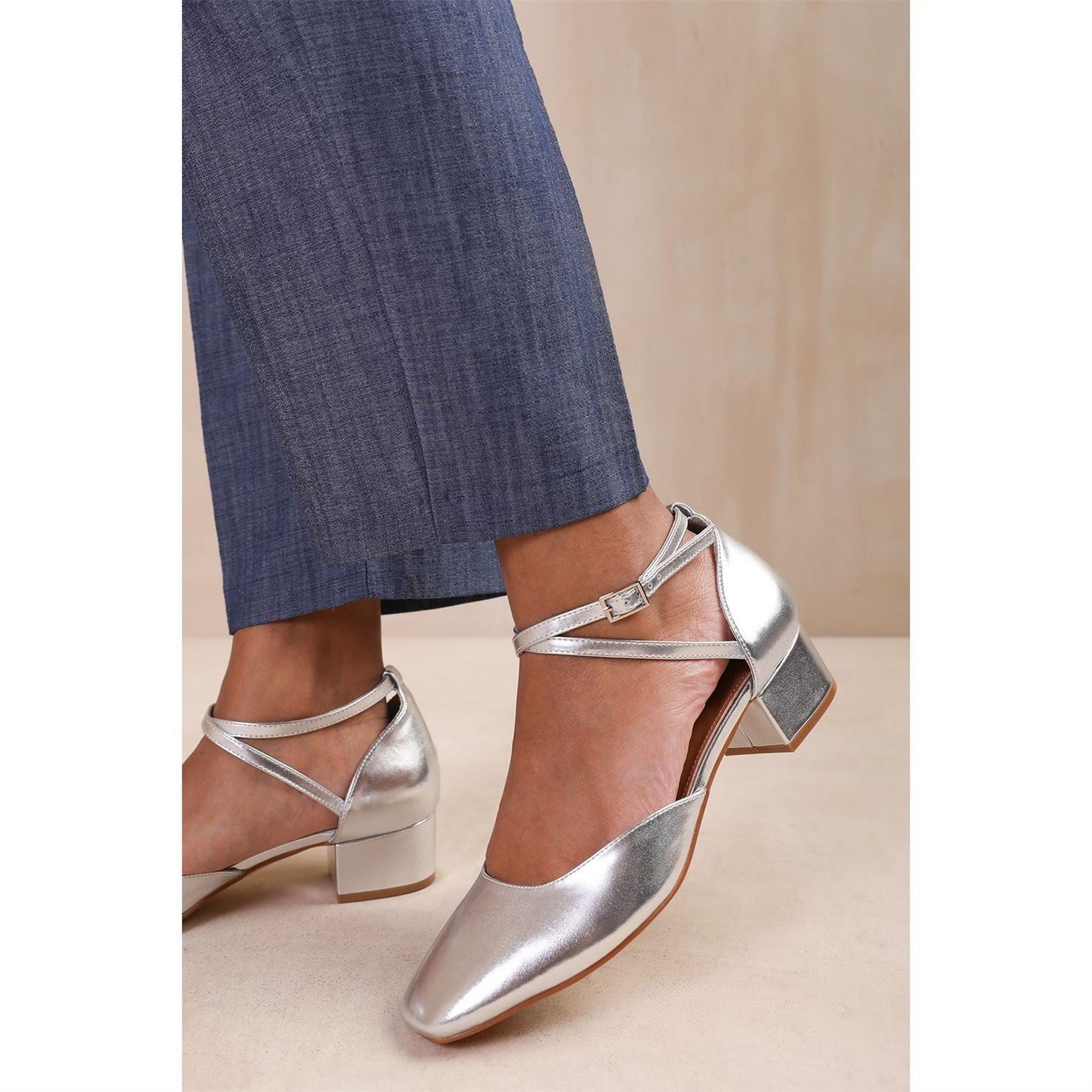 Wheres That From Metallic Almond Toe Block Heel Court Shoes