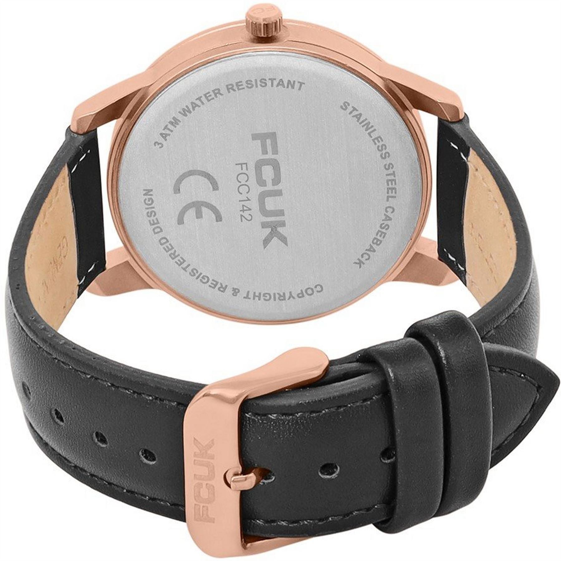 FCUK Rose Case Round Shape Black Strap Quartz Watch