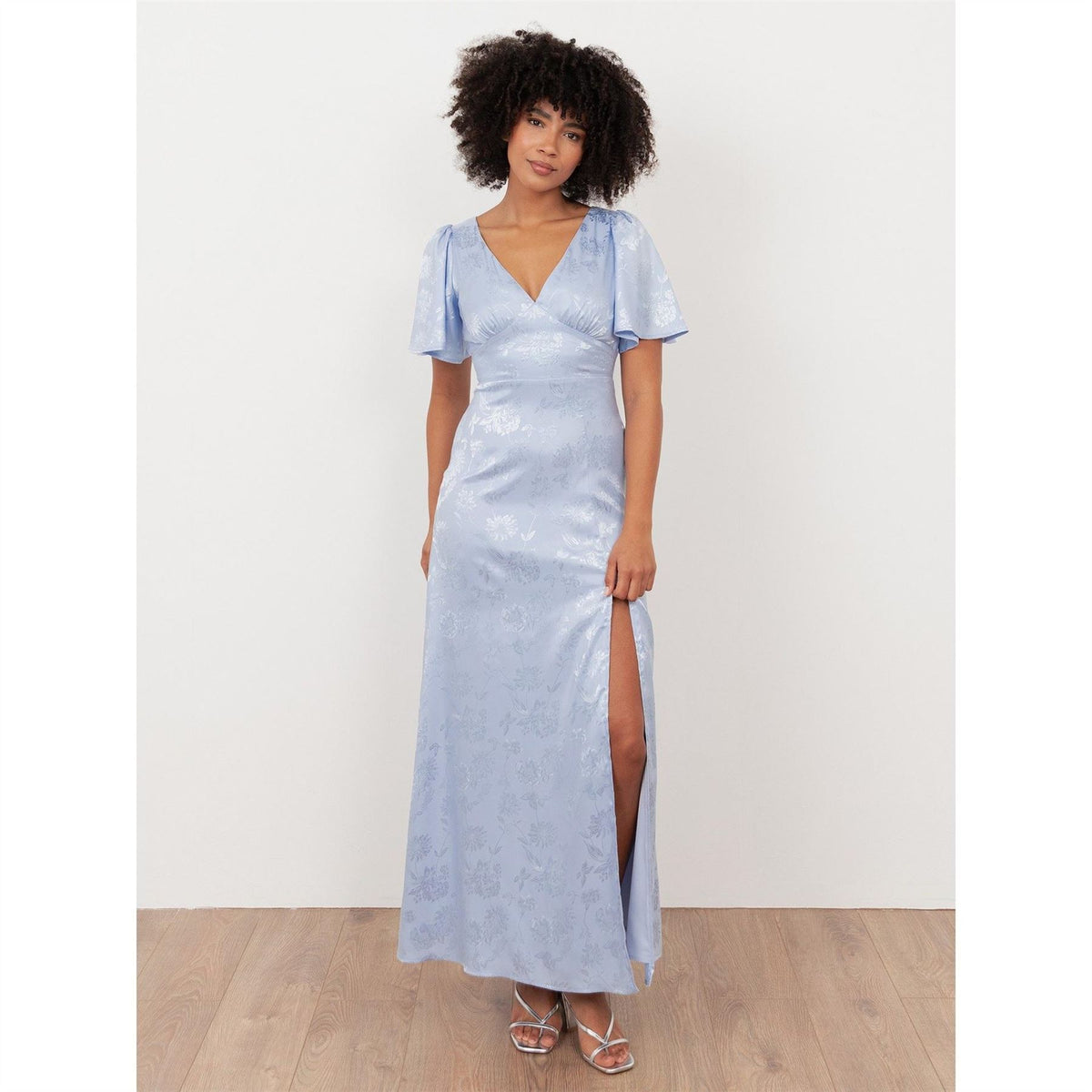Maya Deluxe Pastel Blue Floral Jacquard Satin Maxi Dress