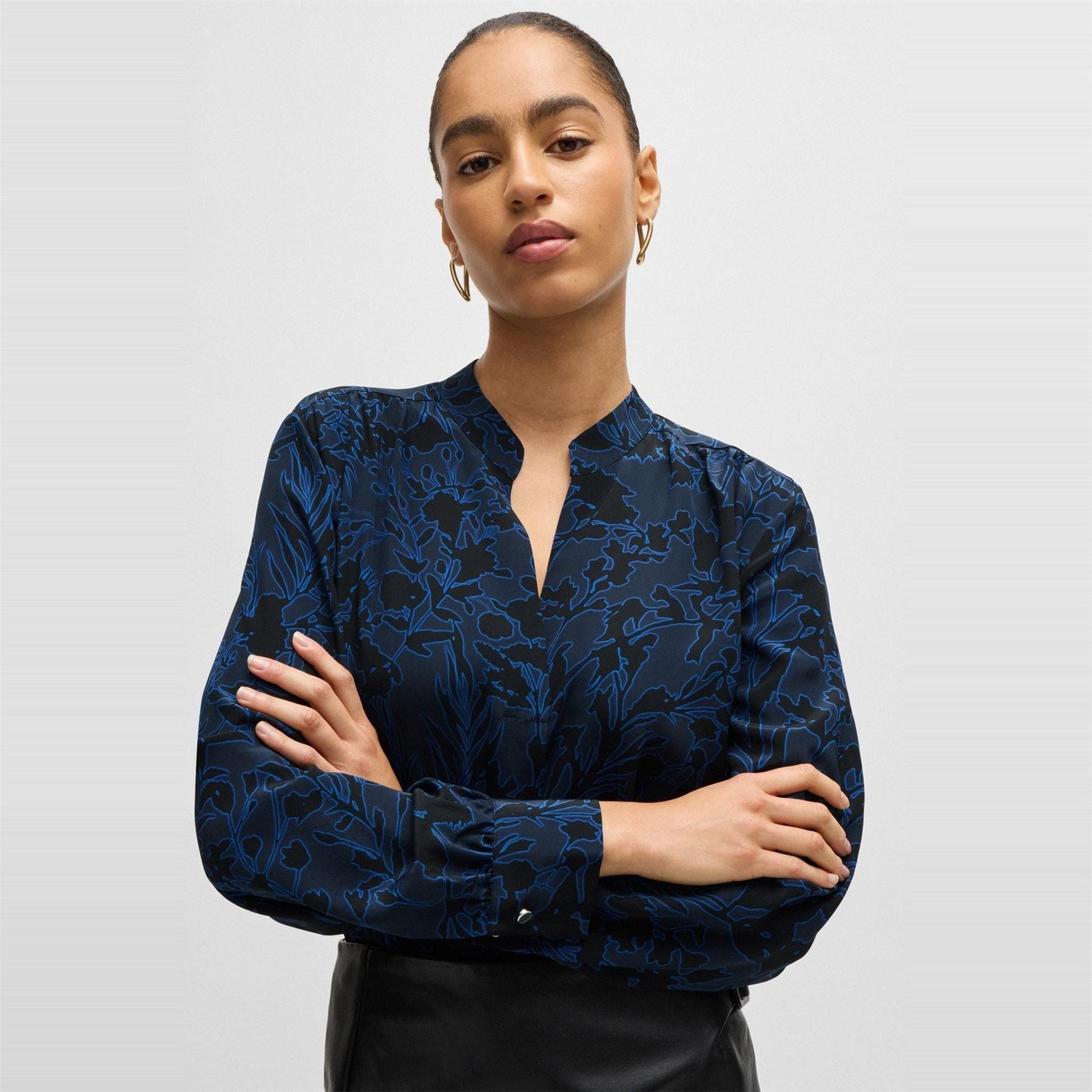 Boss Notched Neck Band Collar Long Sleeve Blouse