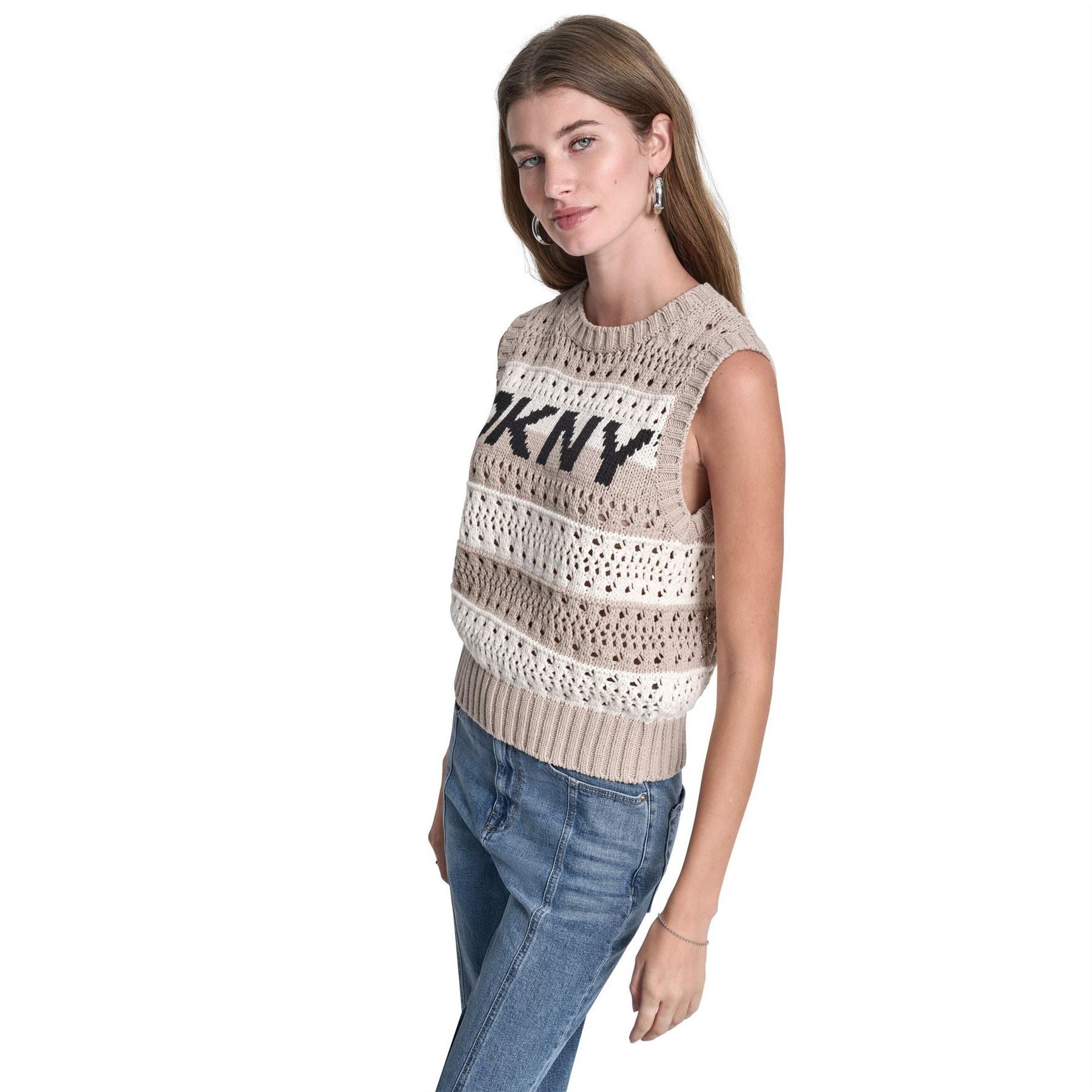 DKNY Jeans Striped Pointelle Stitch Sleeveless Sweater