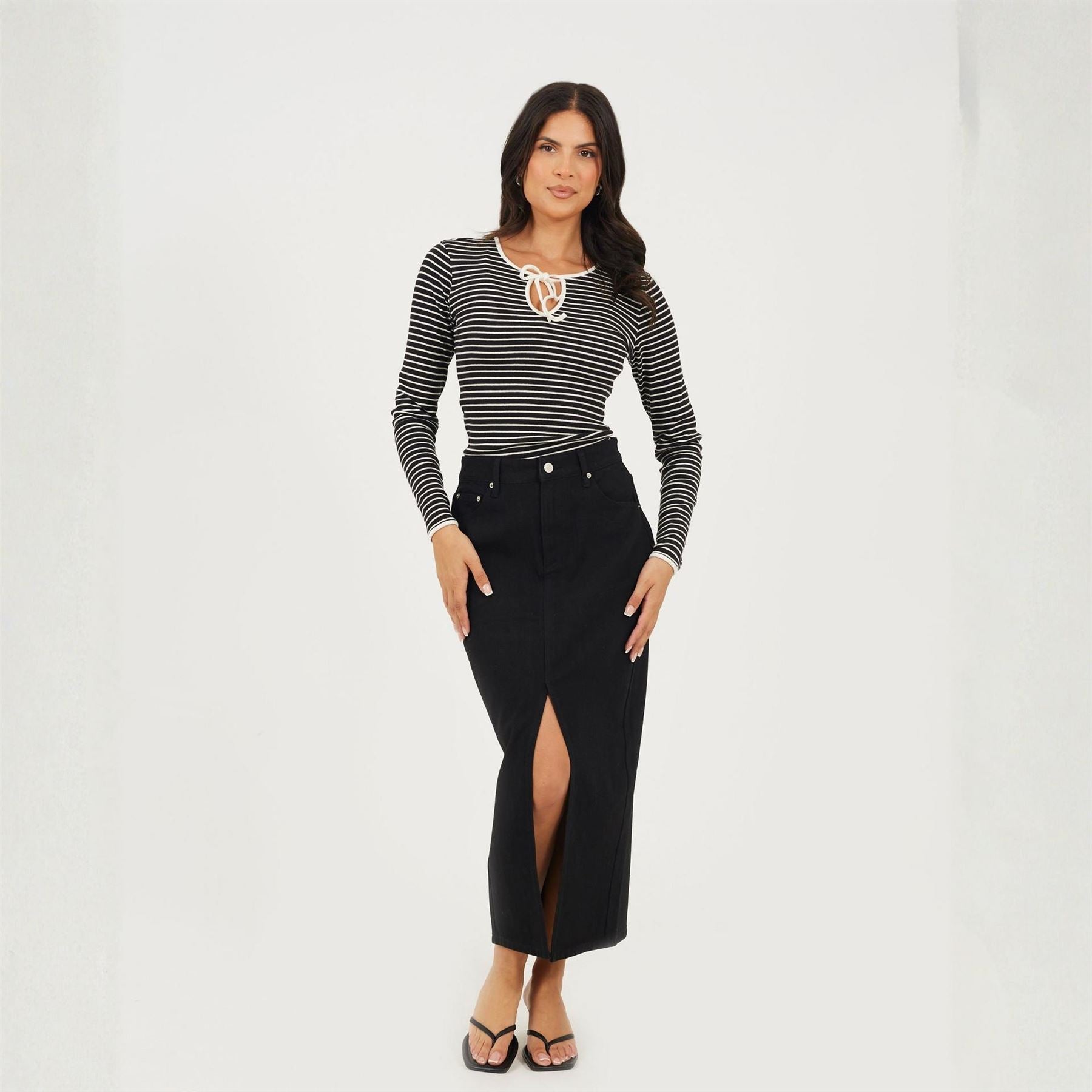 Brave Soul Womens Ribbed Long Sleeve Striped Top With Tie Detail