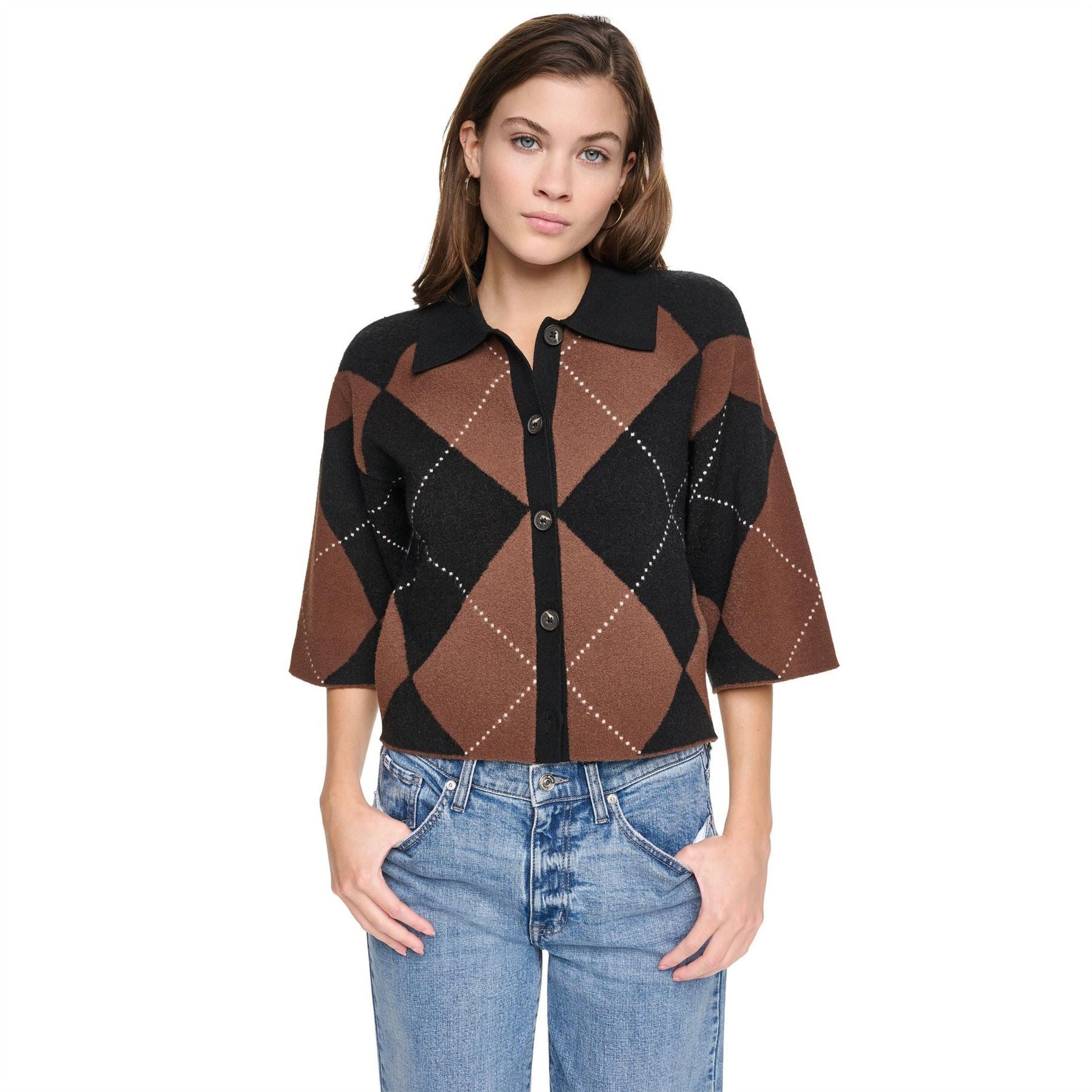 DKNY Fuzzy Argyle Elbow Sleeve Cardigan