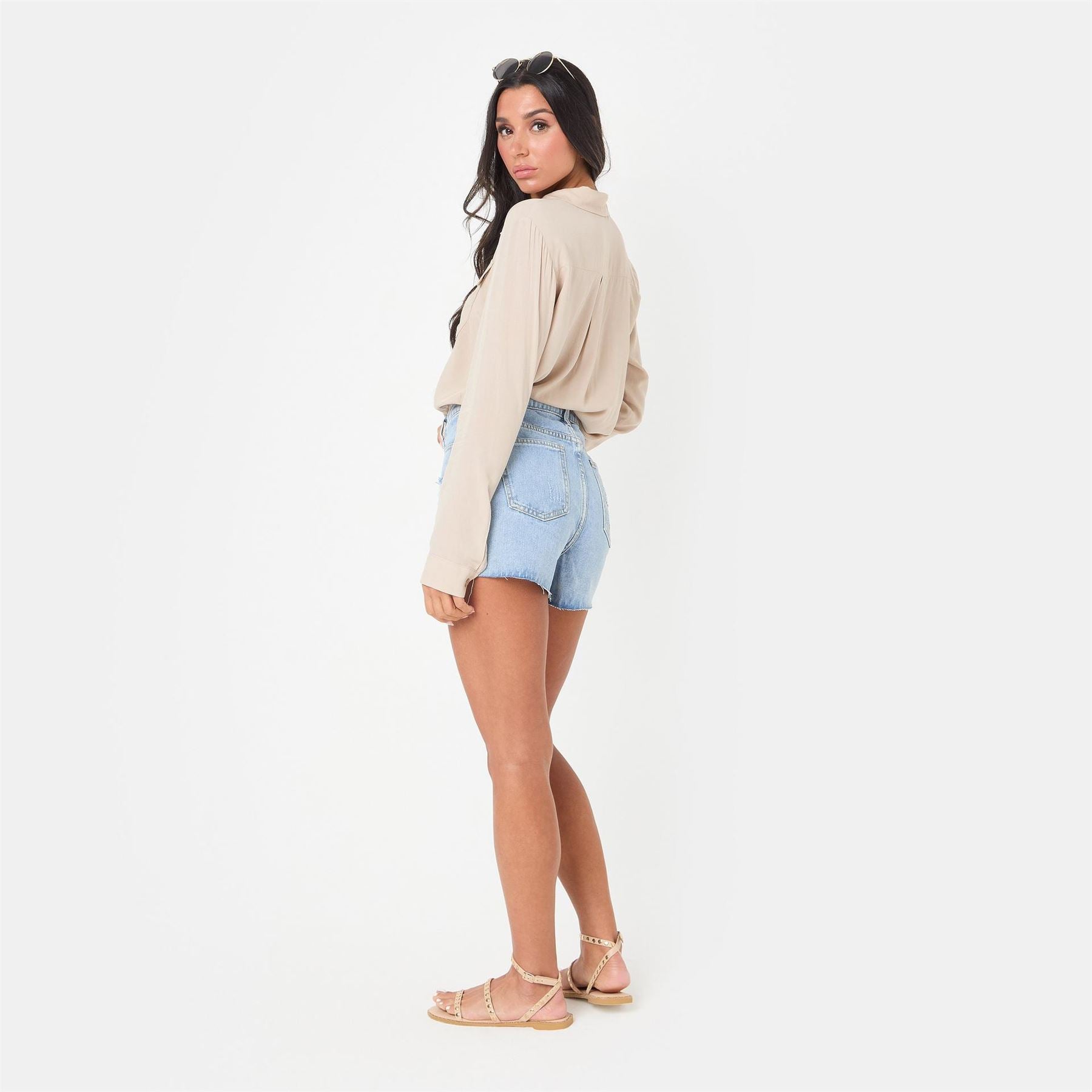 I Saw It First Denim Bermuda Shorts with Frayed Hem
