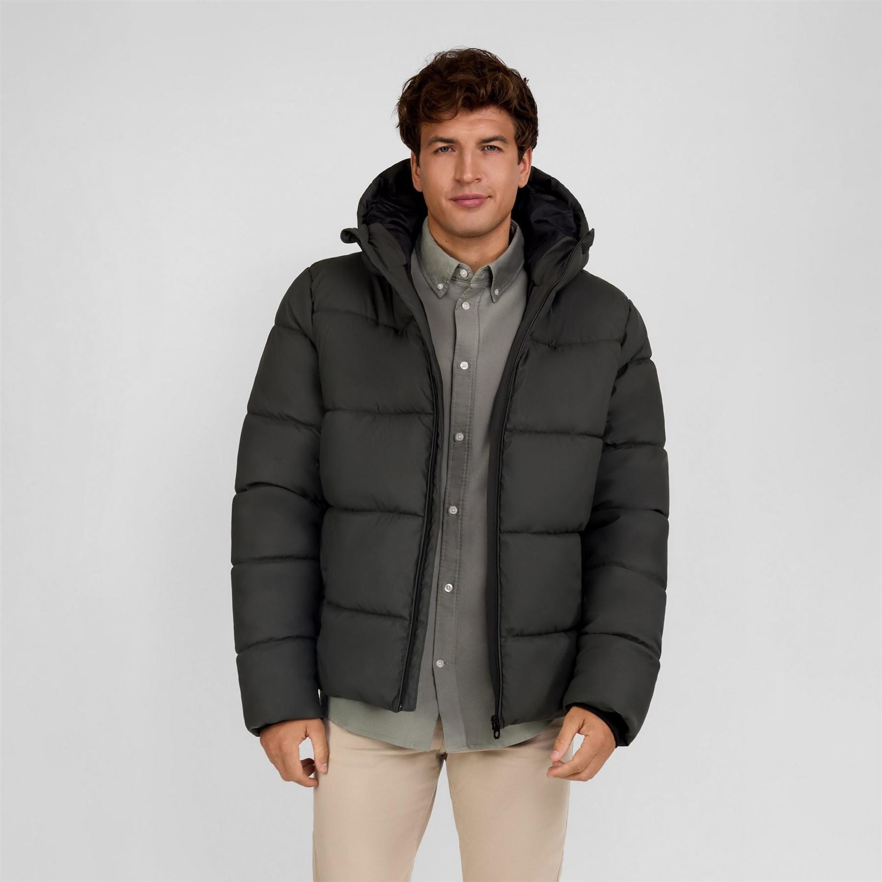 Minoti Men Padded Jacket With Hood Zip Pockets Khaki