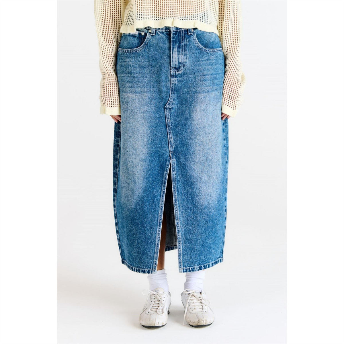 The Ragged Priest Midi Bleach Blue Wash Denim Skirt