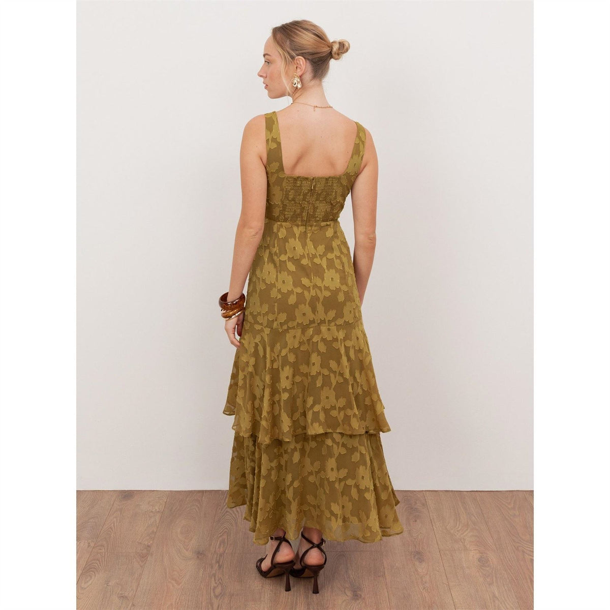 Anaya With Love With Love Recycled Golden Olive Floral Burnout Square Neck Tiered Midaxi Dress