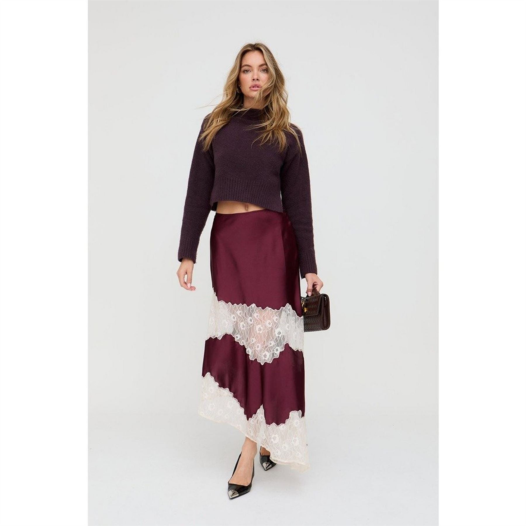 Lily and Lionel And Lionel Elenor Lace Insert Midi Skirt In Burgundy