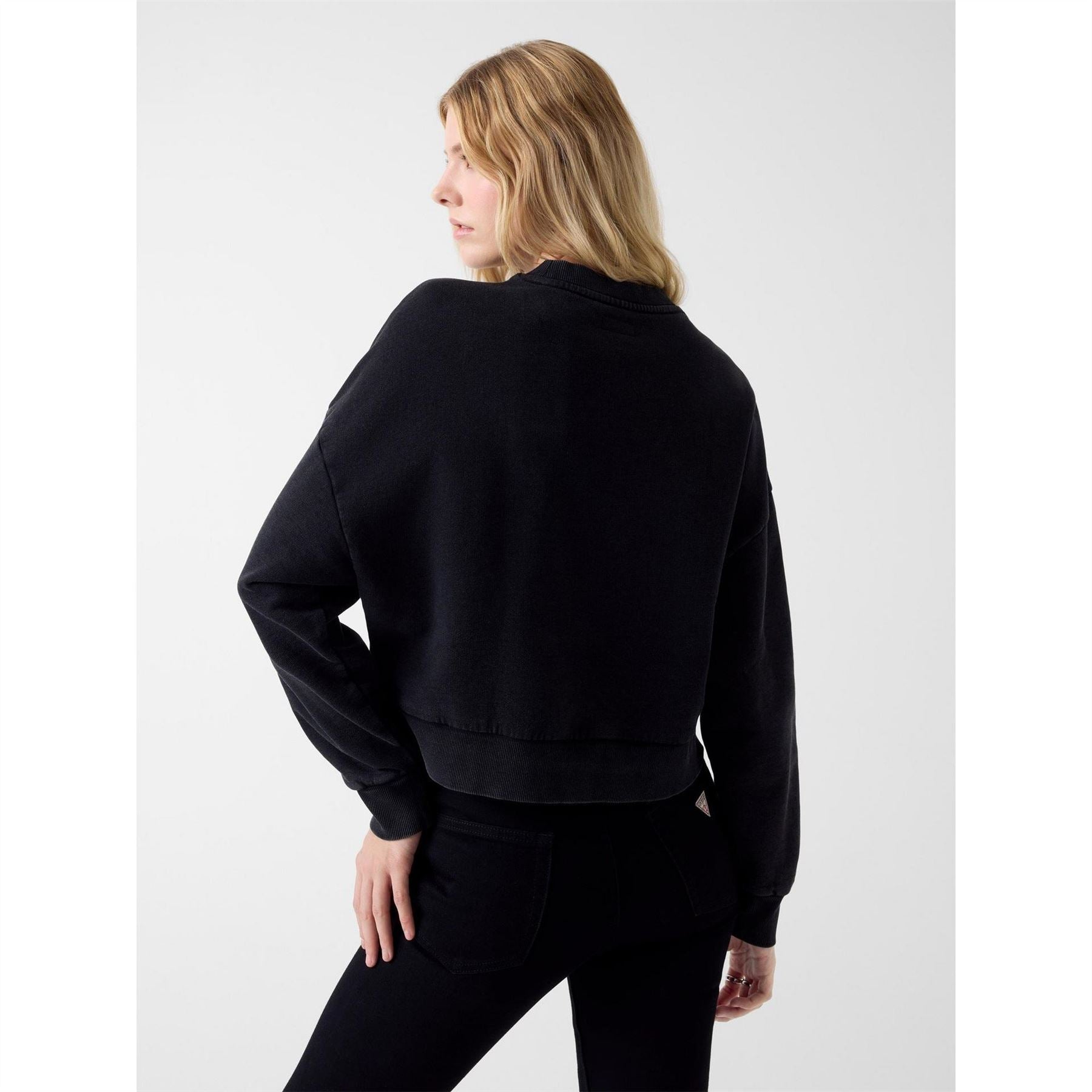Guess Star Embroidered Arch Lettering Crew Neck Long Sleeve Sweatshirt
