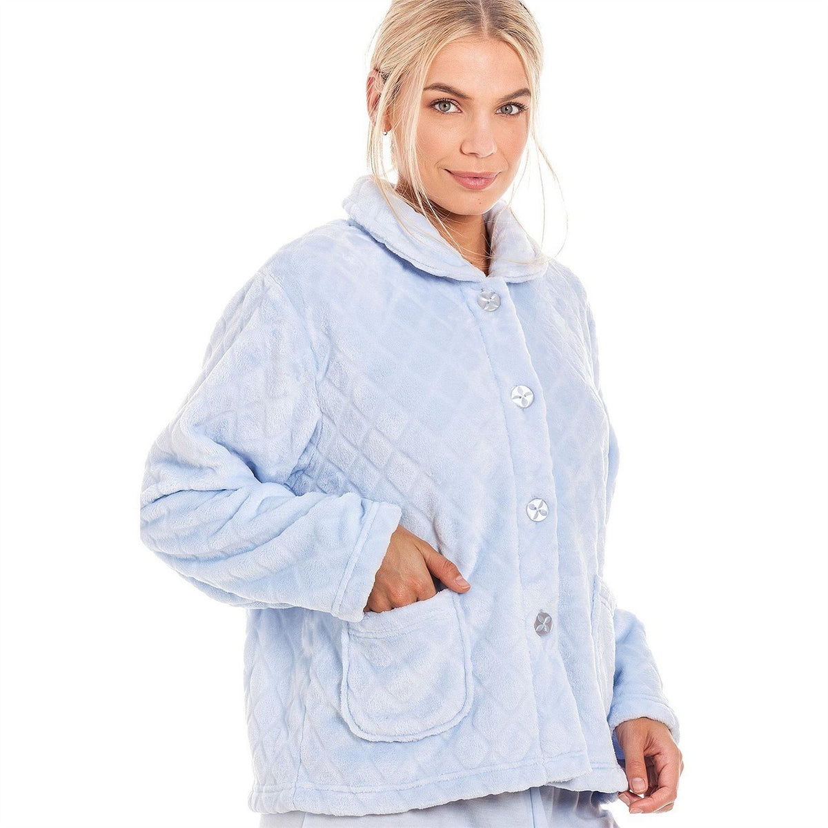 Camille Fleece Diamond Print Bed Jacket With Pockets