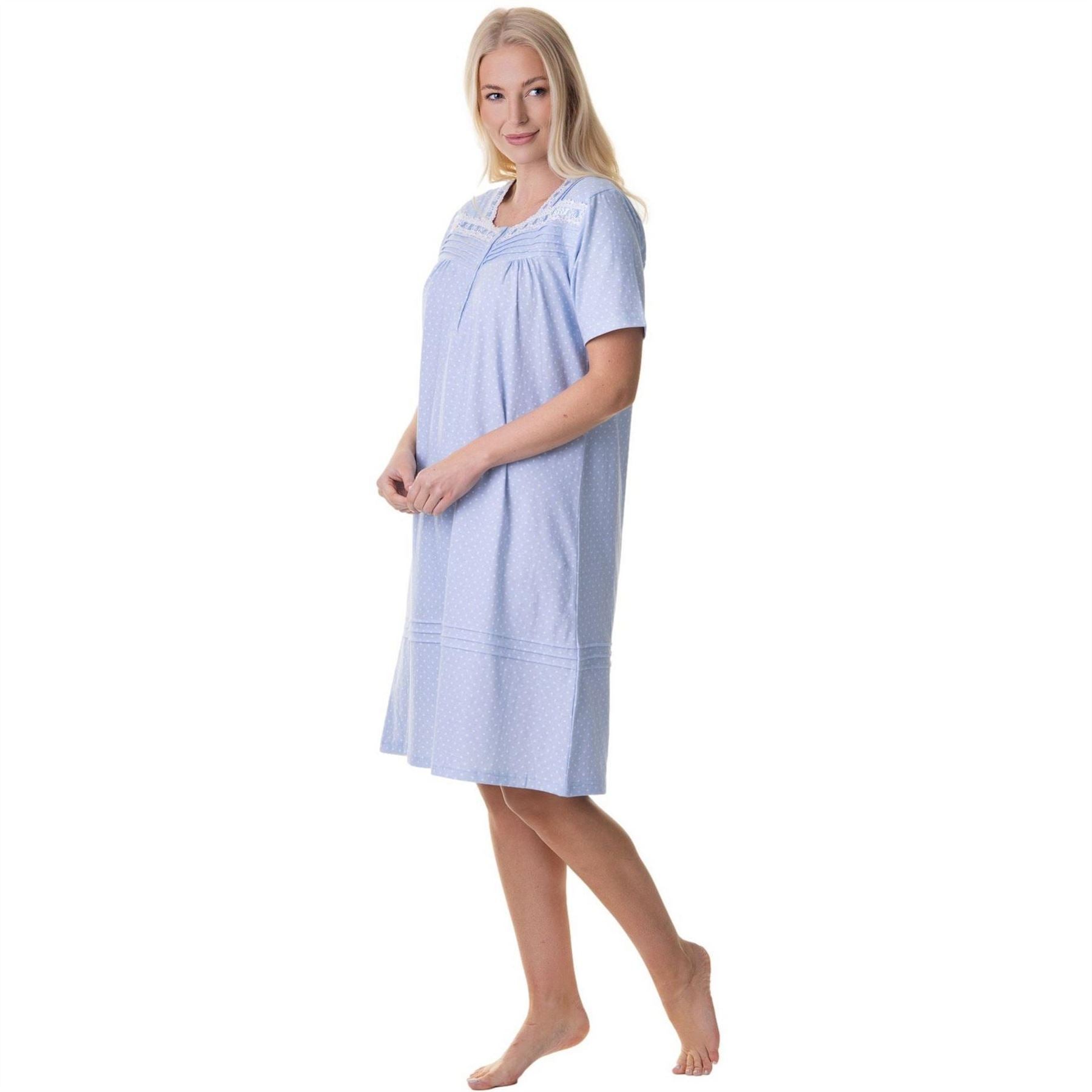Camille 100 Percent  Cotton Short Sleeve White Polka Dot Nightdress