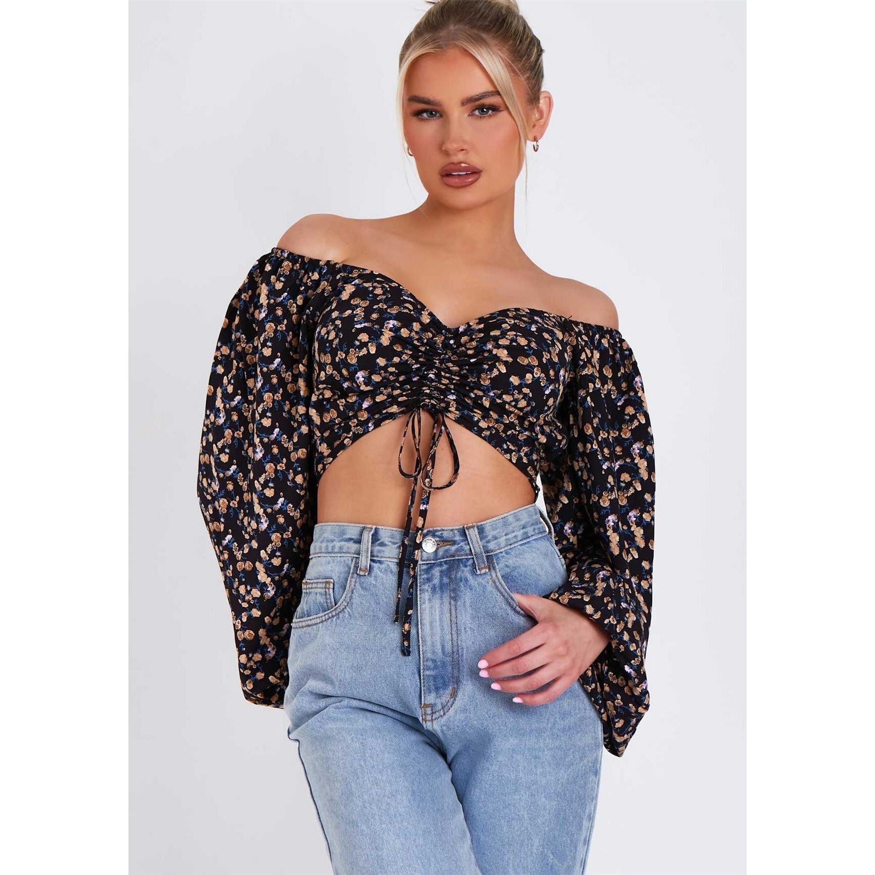 Missy Empire Ruched Balloon Sleeve Cropped Blouse