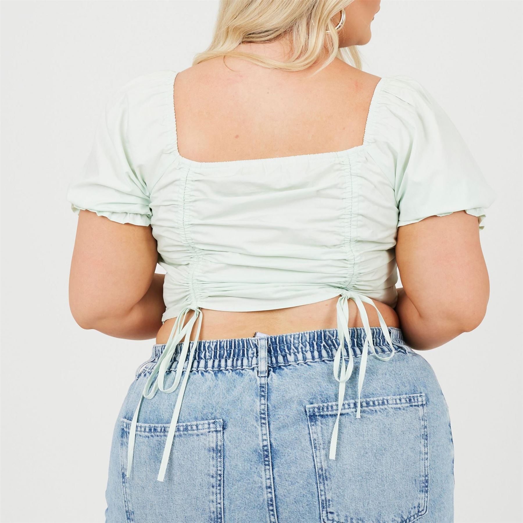 Brave Soul Womens Plus Size Puff Sleeve Top With Ruched And Tie Details.