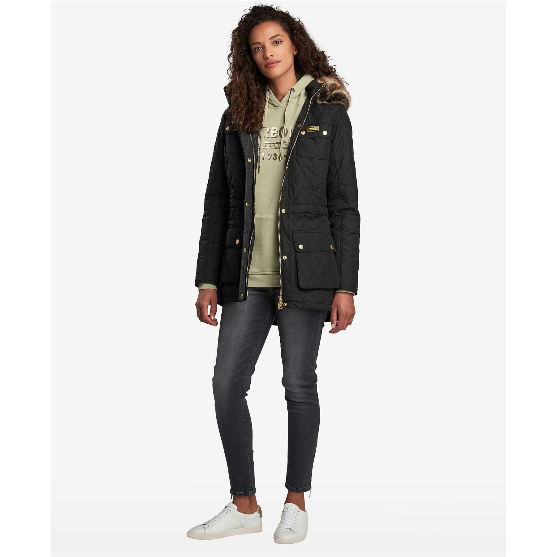 Barbour International Enduro Quilted Windproof Faux Fur Trim Mid Length Short Puffer Jacket