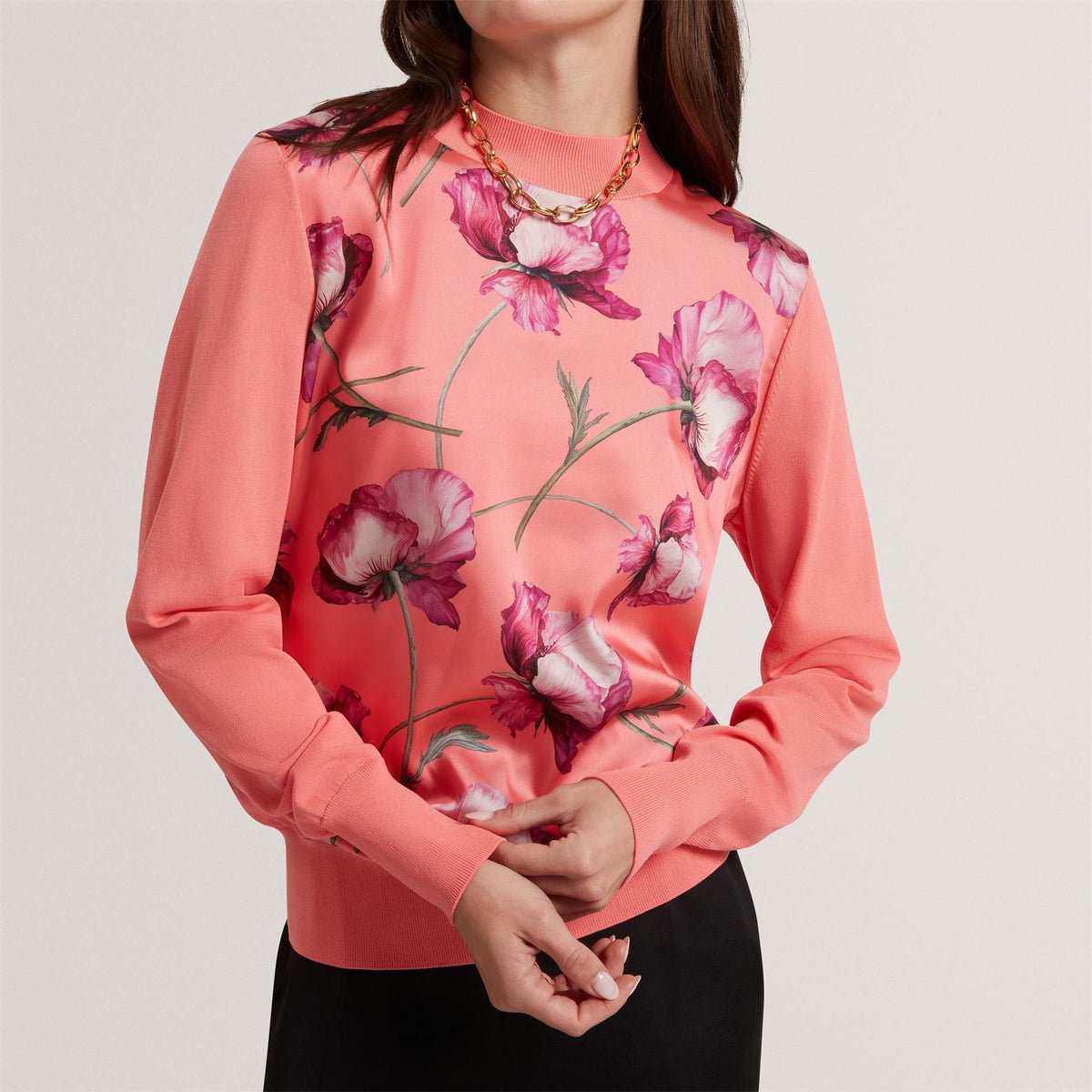 Ted Baker Baker Botanical Print Front Long Sleeve Knit Top