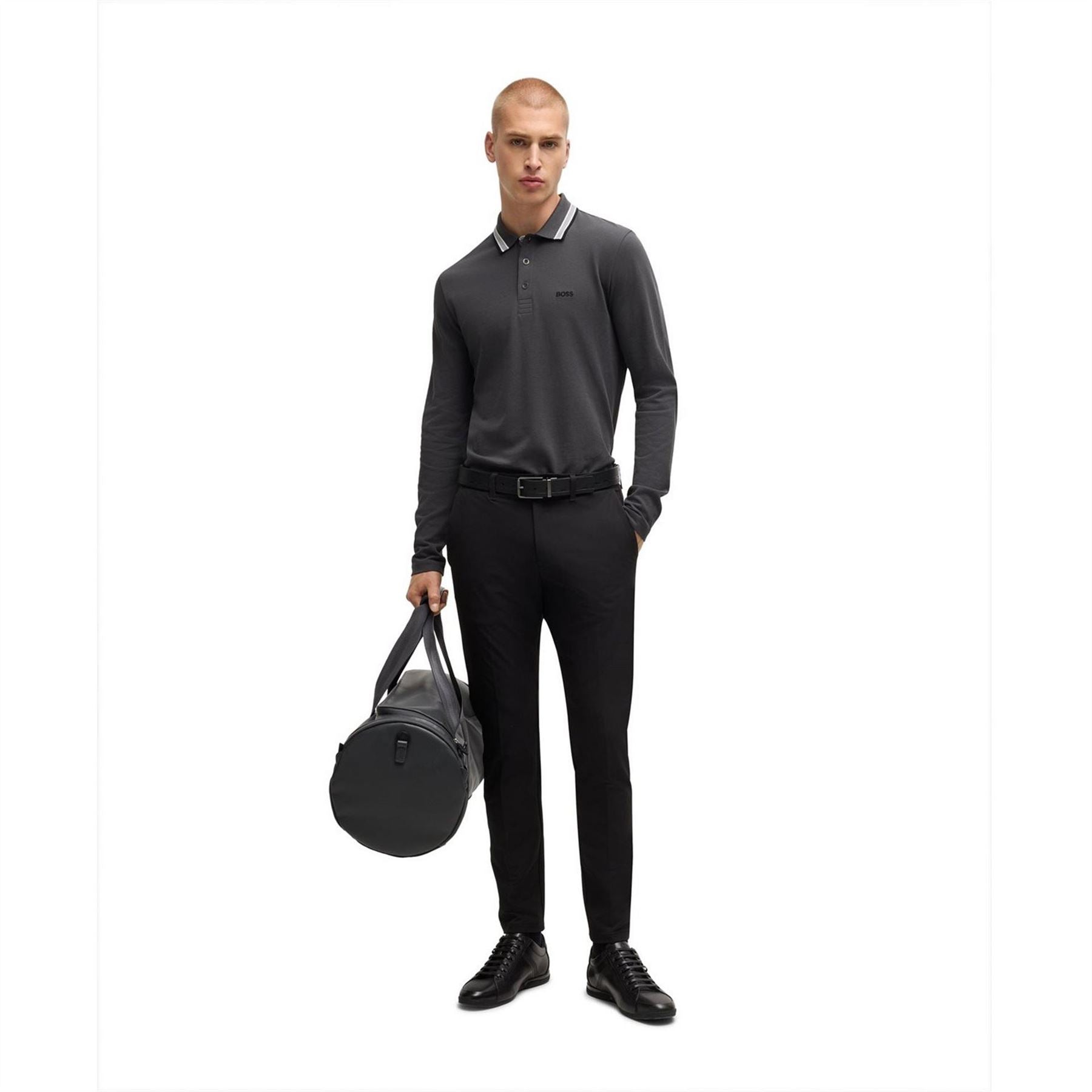 Boss Plisy Tipped Collar Cotton Long Sleeve Polo Shirt