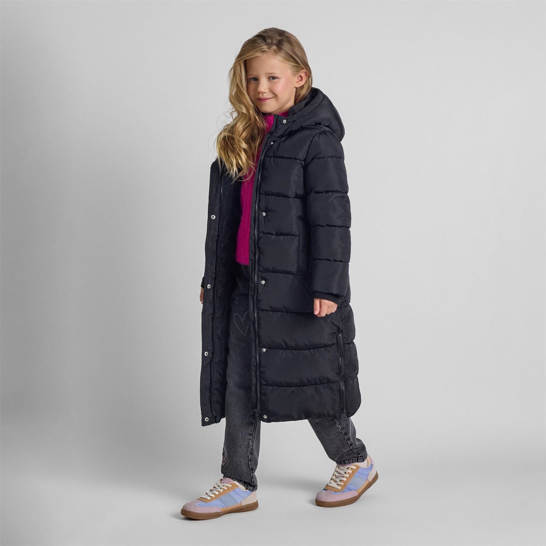 Minoti Girls Long Winter Quilted Coat With Hood And Side Slits Black