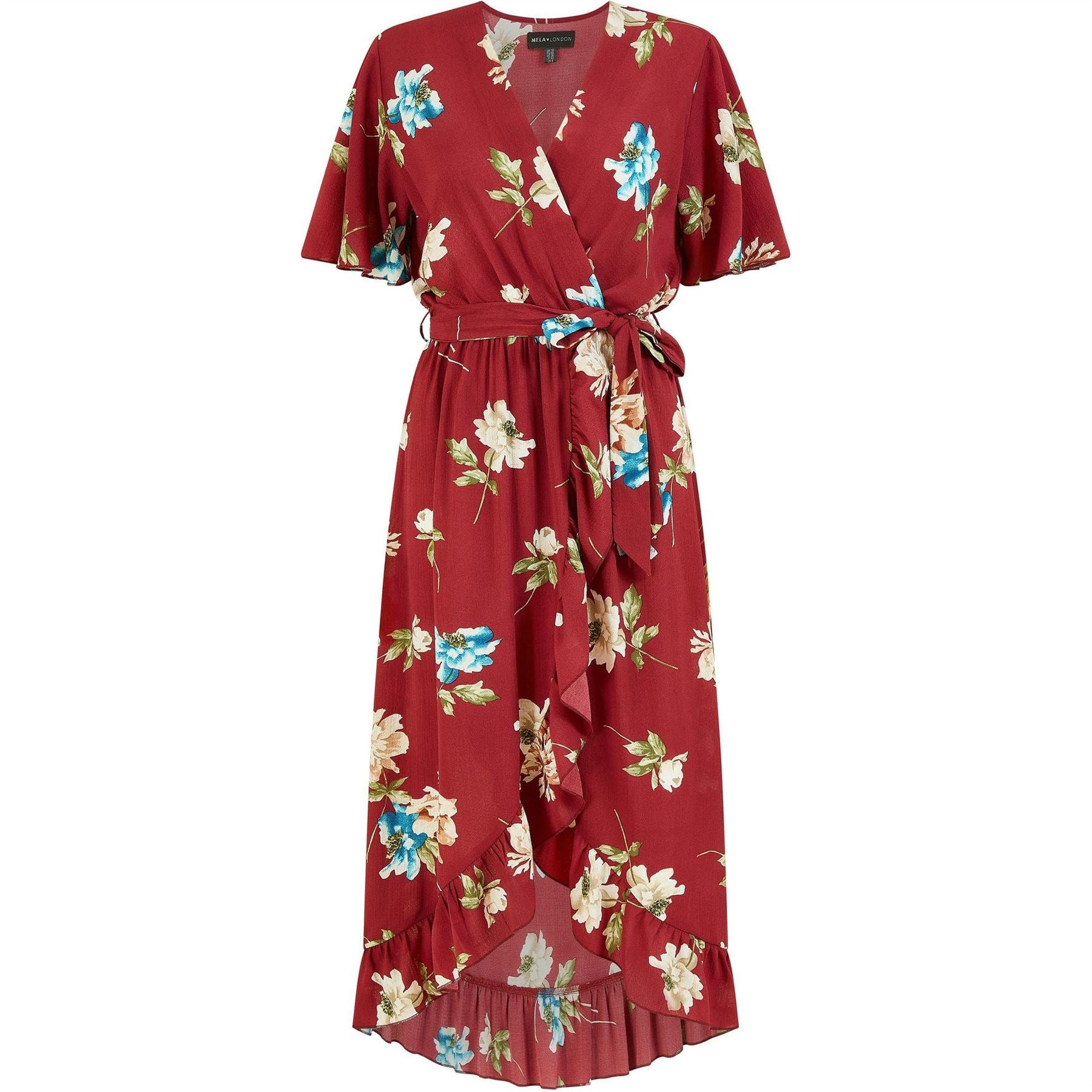 Mela London Floral Dip Hem Wrap Midi Dress
