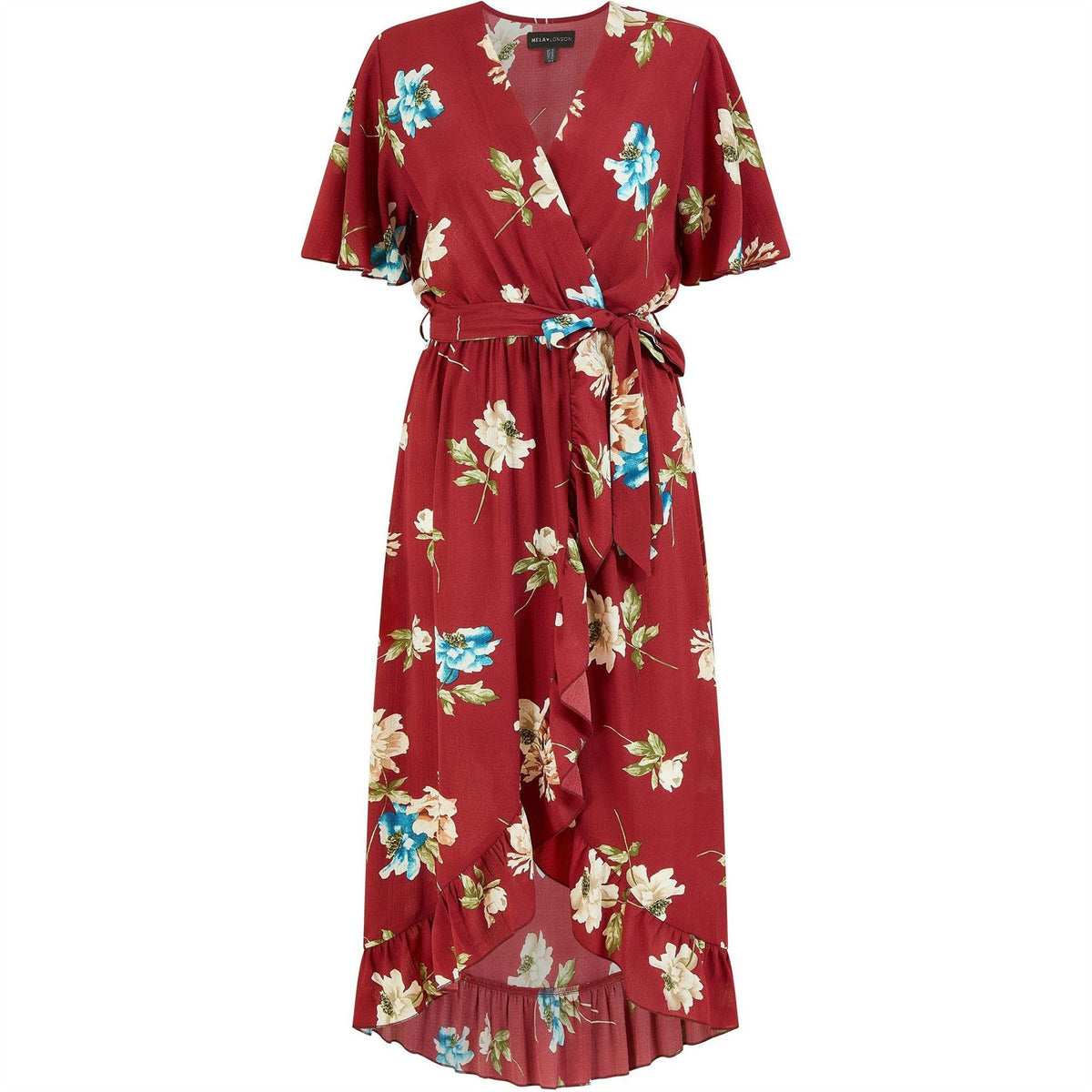 Mela London Floral Dip Hem Wrap Midi Dress
