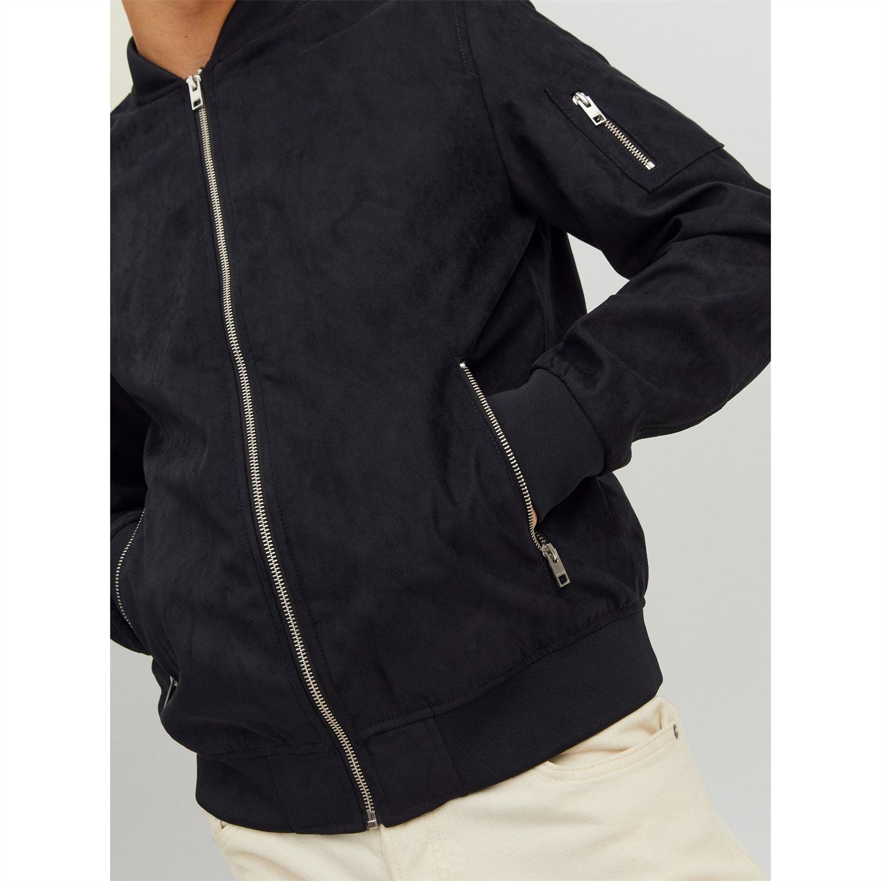 Jack and Jones Faux Suede Bomber Rib Crew Neck Jacket