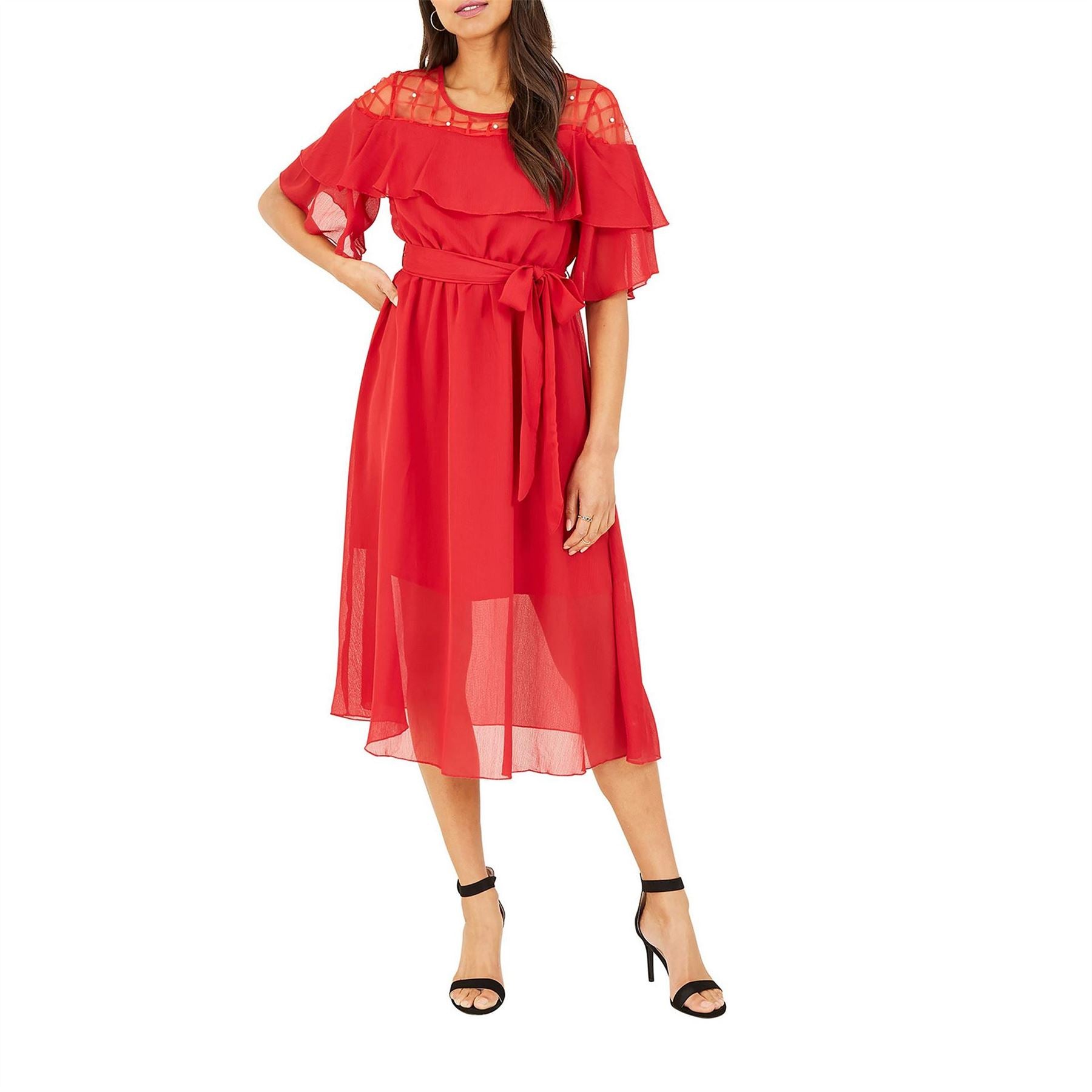 Yumi Frill Midi Dress In Red