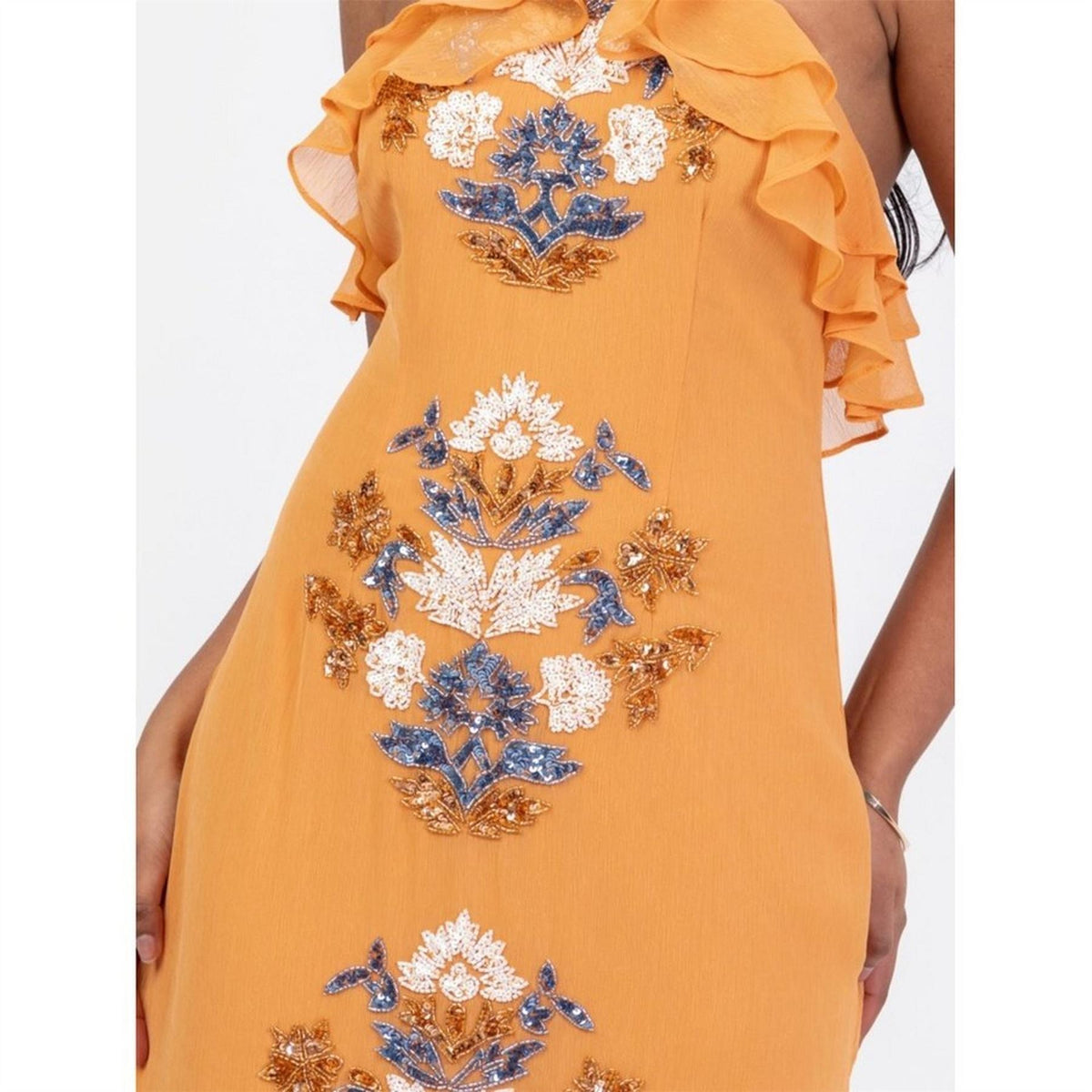 Maya Deluxe Orange Embellished Halter Neck Ruffled Maxi Dress