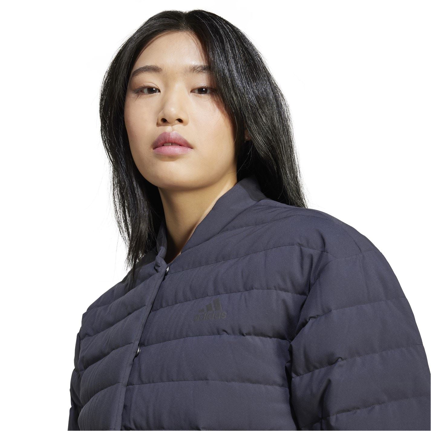 adidas Solid Patterned Mock Neck Band Collared Horizontal Pocket Down Jacket