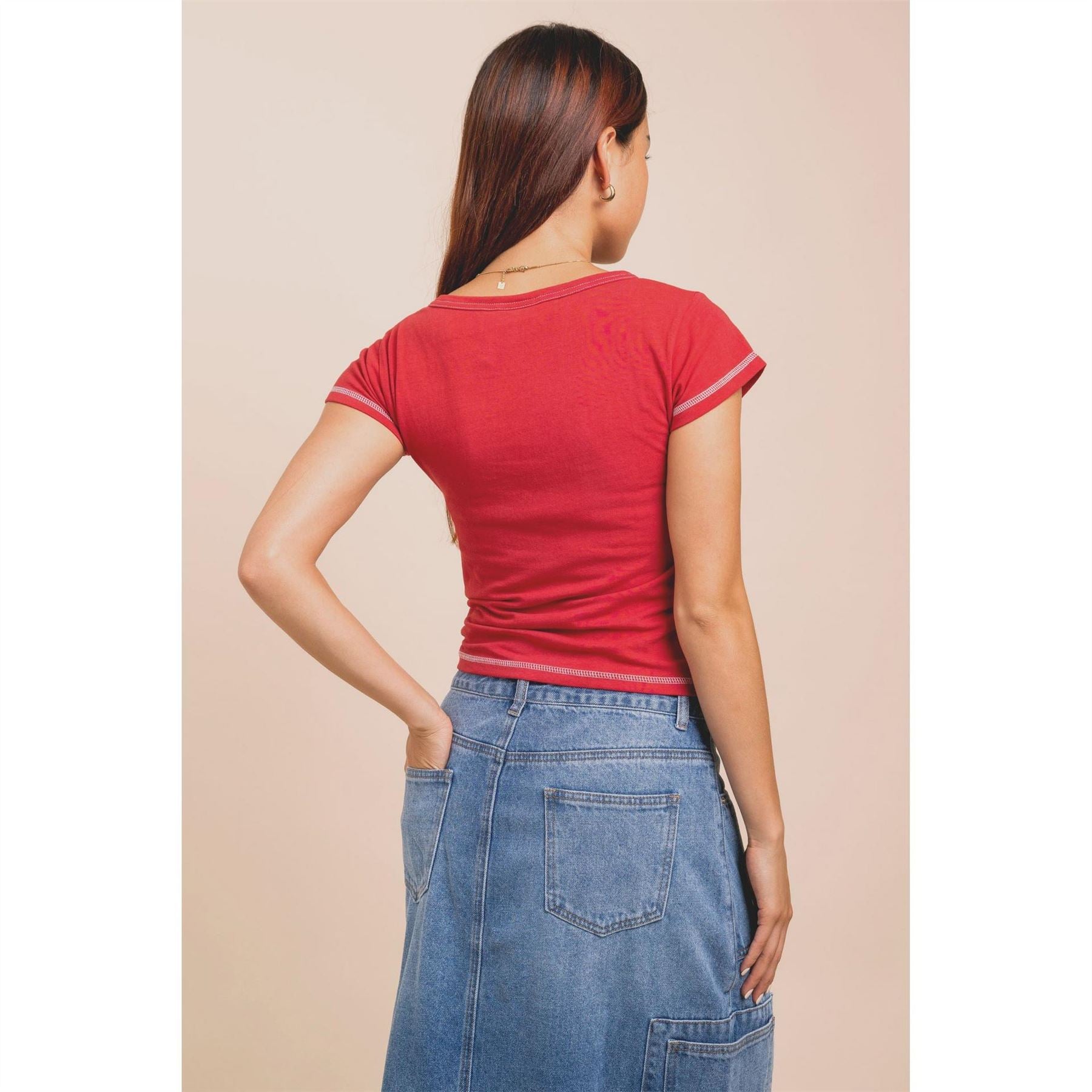 Daisy Street Cropped Notched Neck Lettering T-Shirt