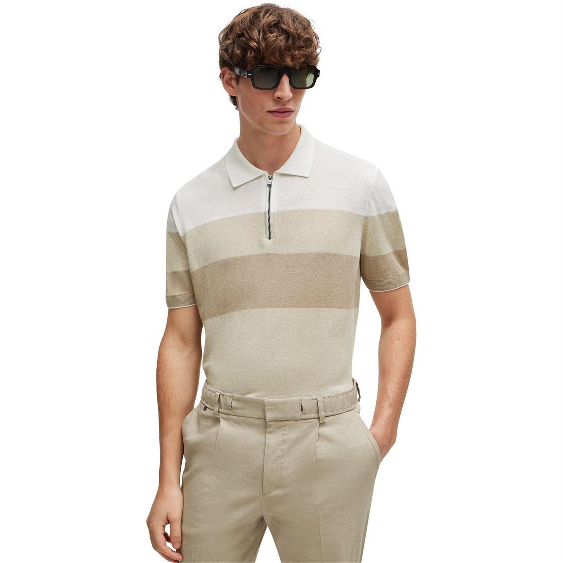 Boss Zip Neck Collared Short Sleeve Shirt