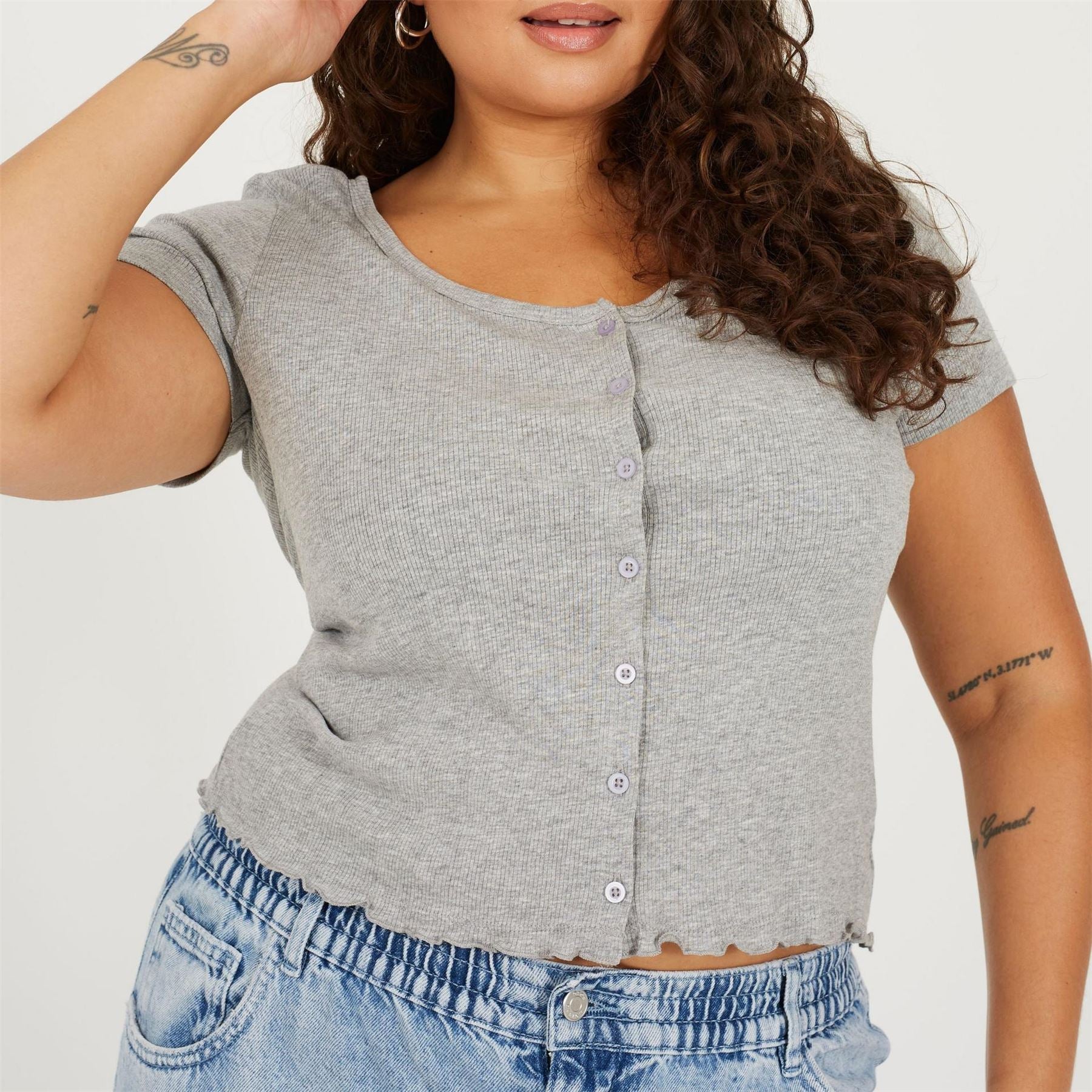 Brave Soul Plus Size Button Through Short Sleeve Top With Lettuce Hem