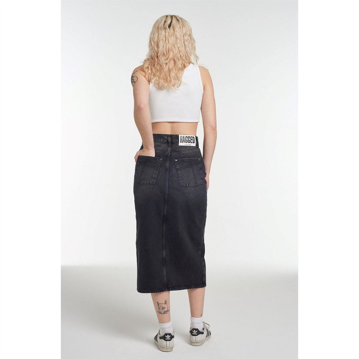 The Ragged Priest Midi Bleach Blue Wash Denim Skirt