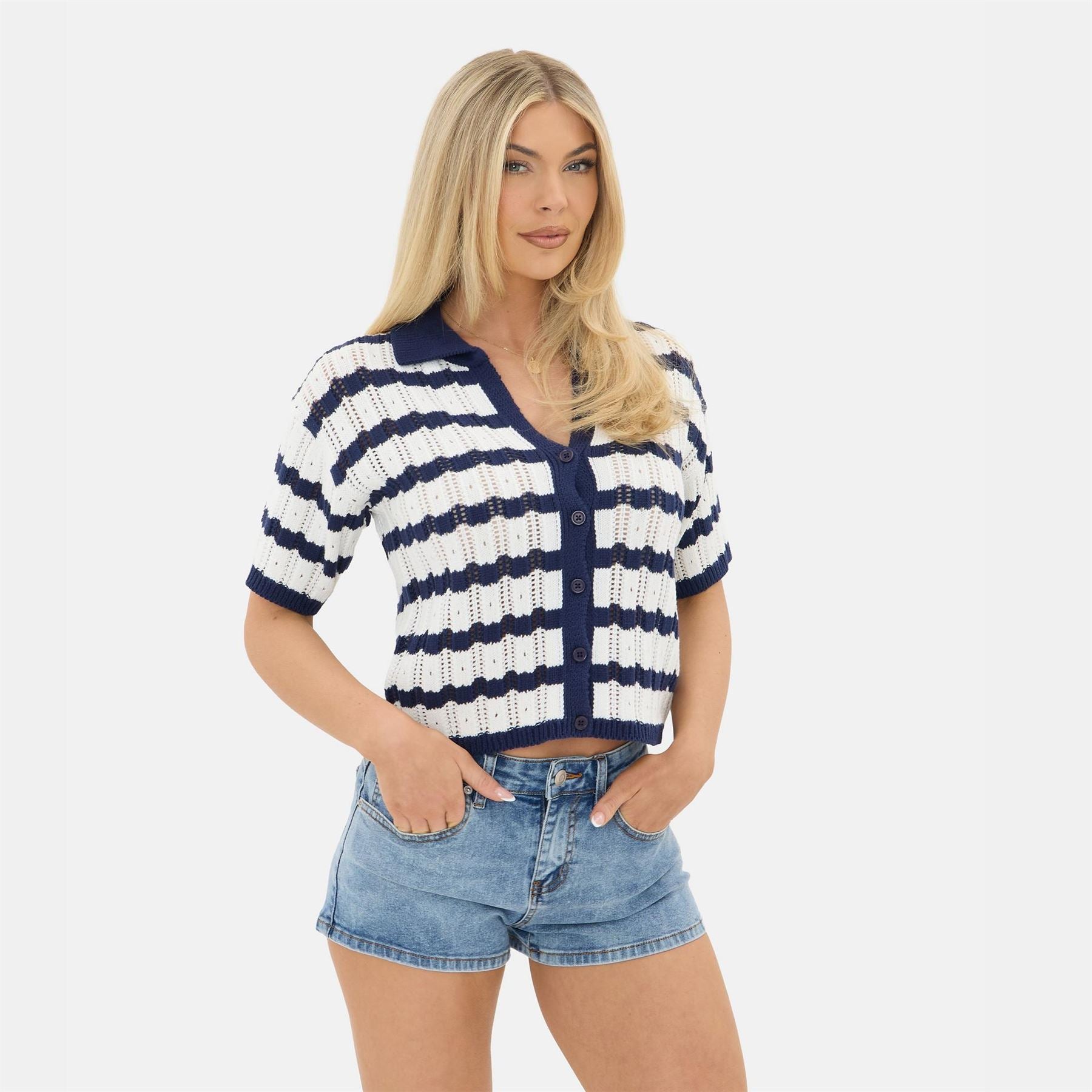 I Saw It First Button Placket Collared Short Sleeve Sweater