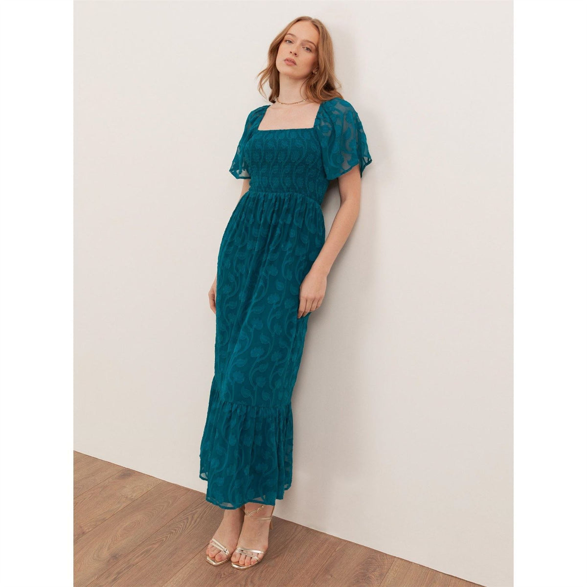 Lovedrobe Teal Floral Burnout Square Neck Shirred Midaxi Dress