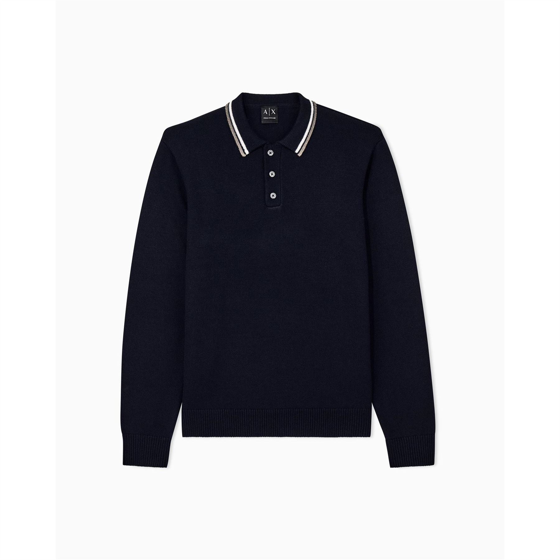 Armani Exchange Fine Knit Long Sleeve Tipped Collar Polo